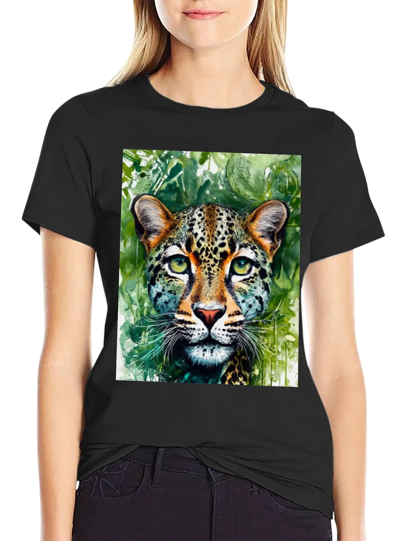 Leopard Ink Painting With Green Background Unisex Short Sleeve Soft Cotton T-Shirt – Casual Everyday Wear