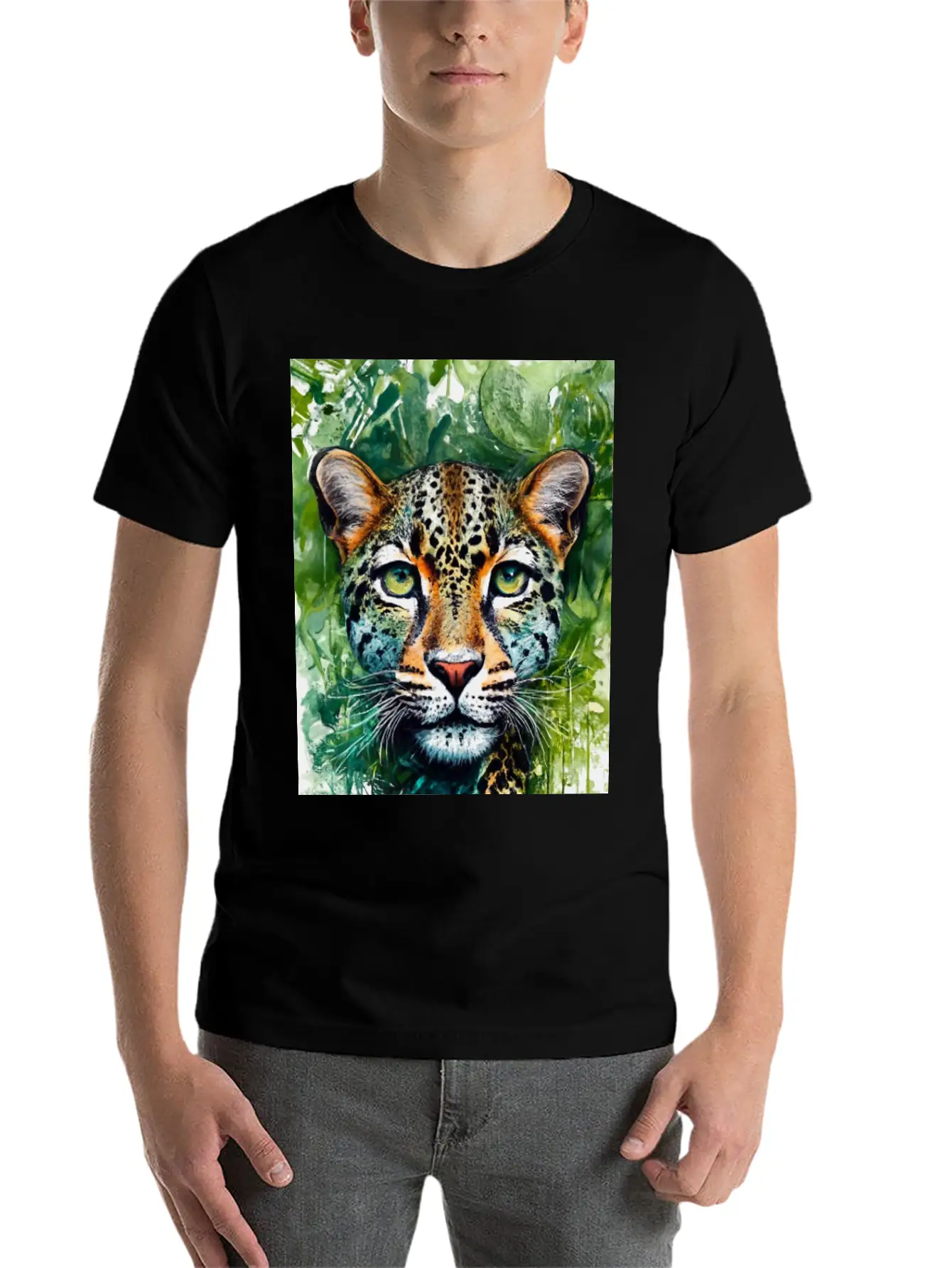 Leopard Ink Painting With Green Background Unisex Short Sleeve Soft Cotton T-Shirt – Casual Everyday Wear