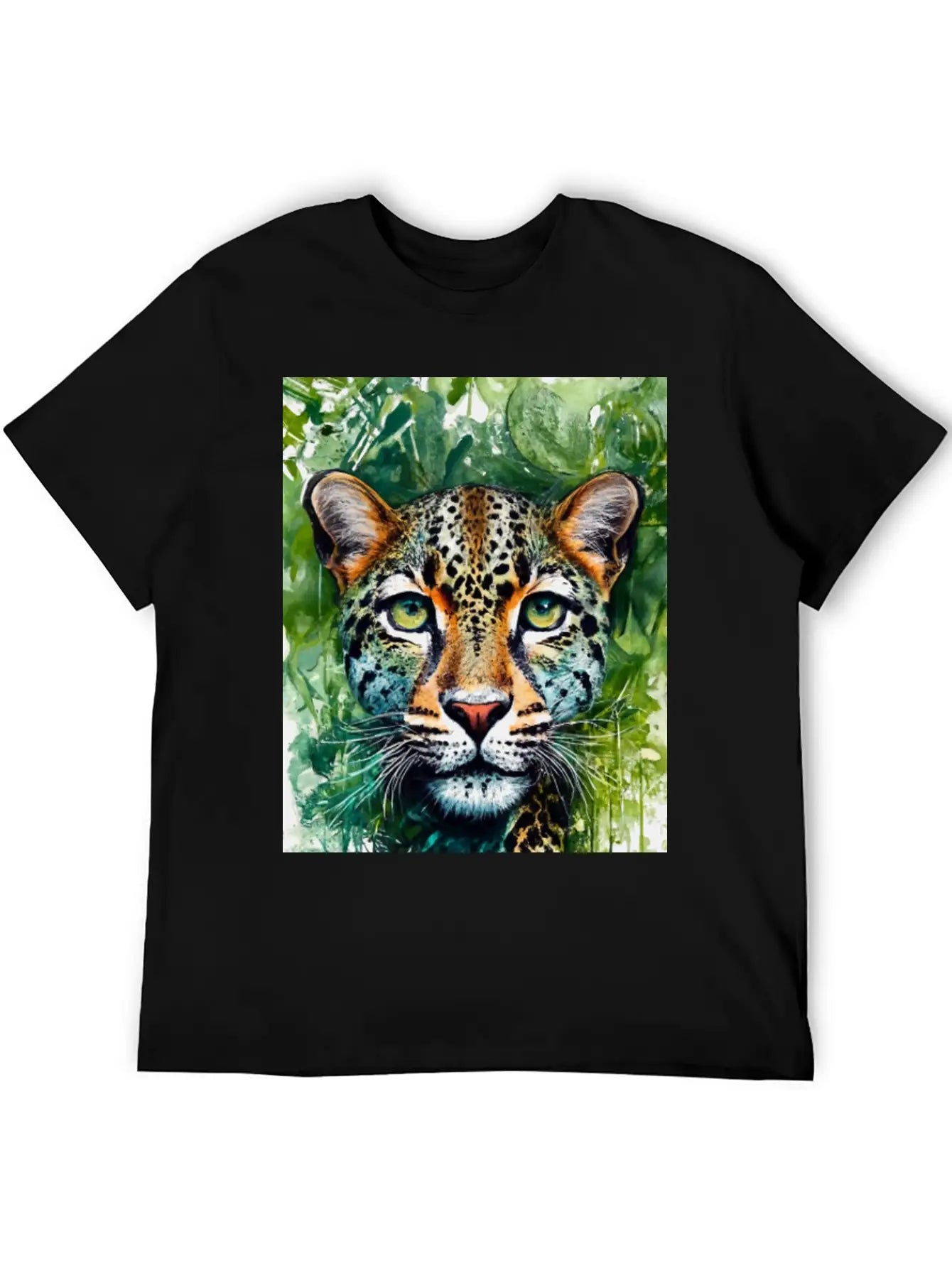 Leopard Ink Painting With Green Background Unisex Short Sleeve Soft Cotton T-Shirt – Casual Everyday Wear