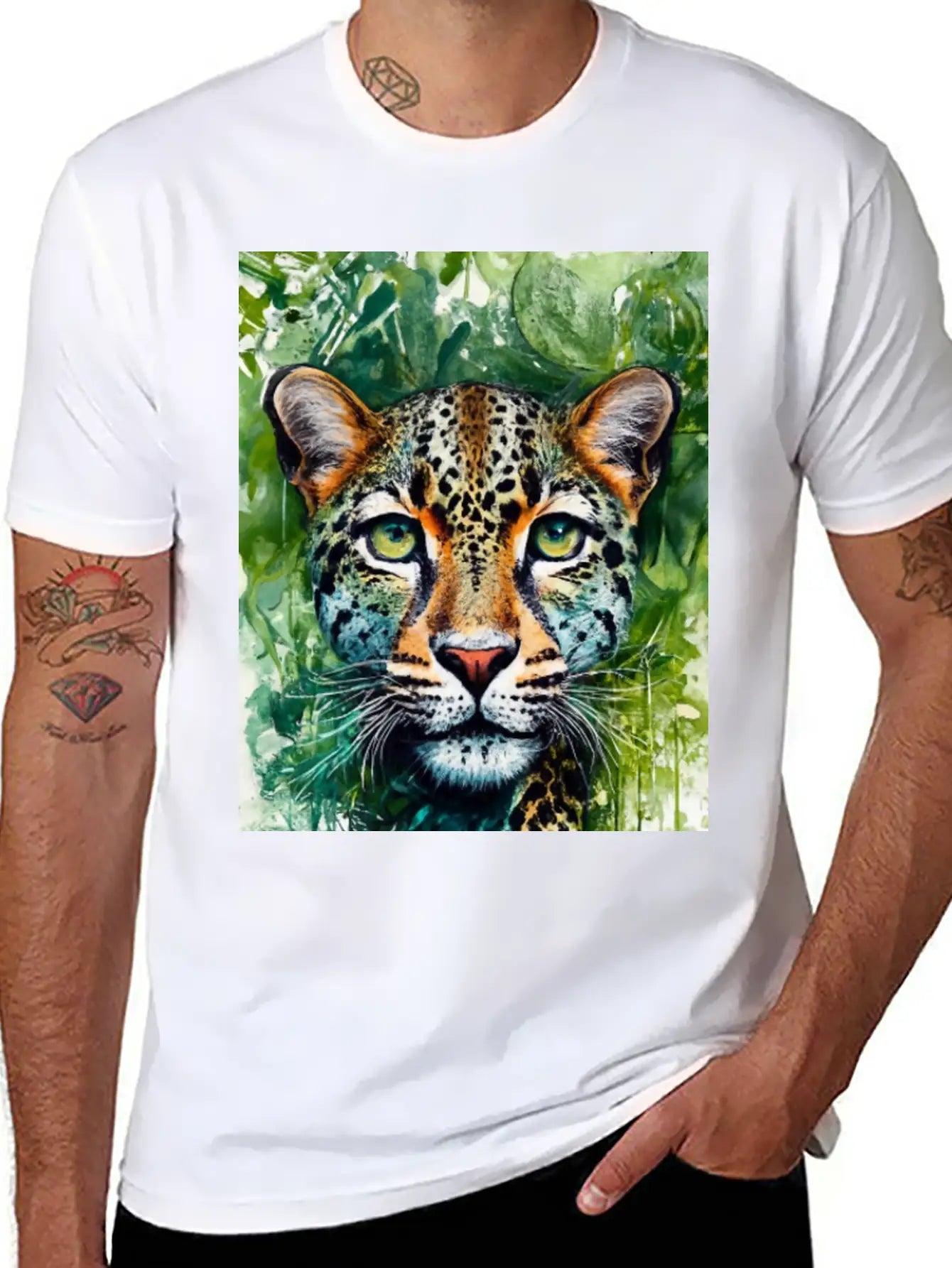 Leopard Ink Painting With Green Background Unisex Short Sleeve Soft Cotton T-Shirt – Casual Everyday Wear