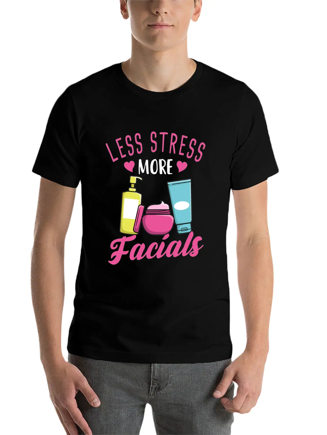 Less Stress More Facials Unisex Short Sleeve Soft Cotton T-Shirt – Casual Everyday Wear