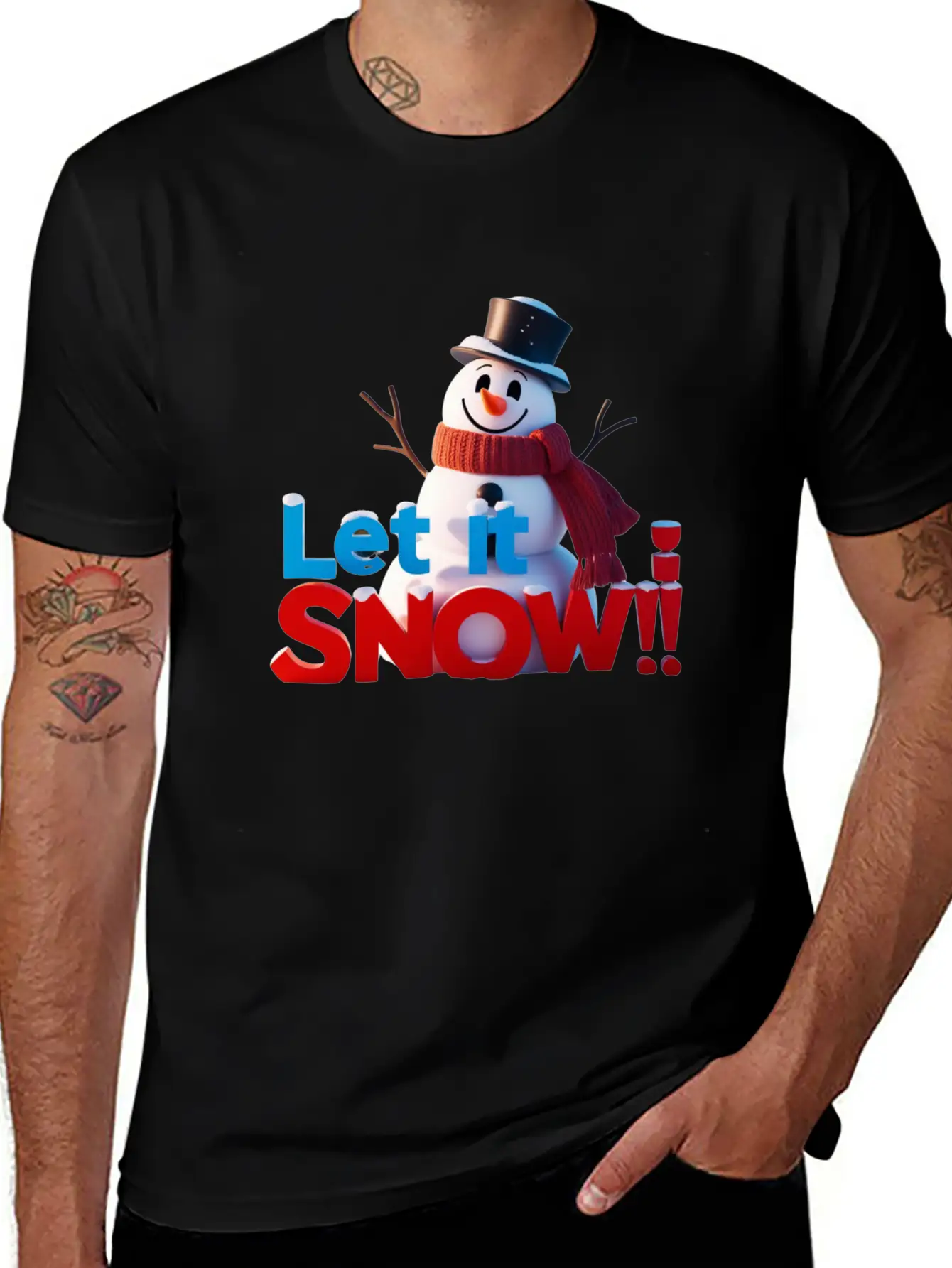 Let It Snow! Festive Cartoon Snowman Winter Design Unisex Short Sleeve Soft Cotton T-Shirt – Casual Everyday Wear