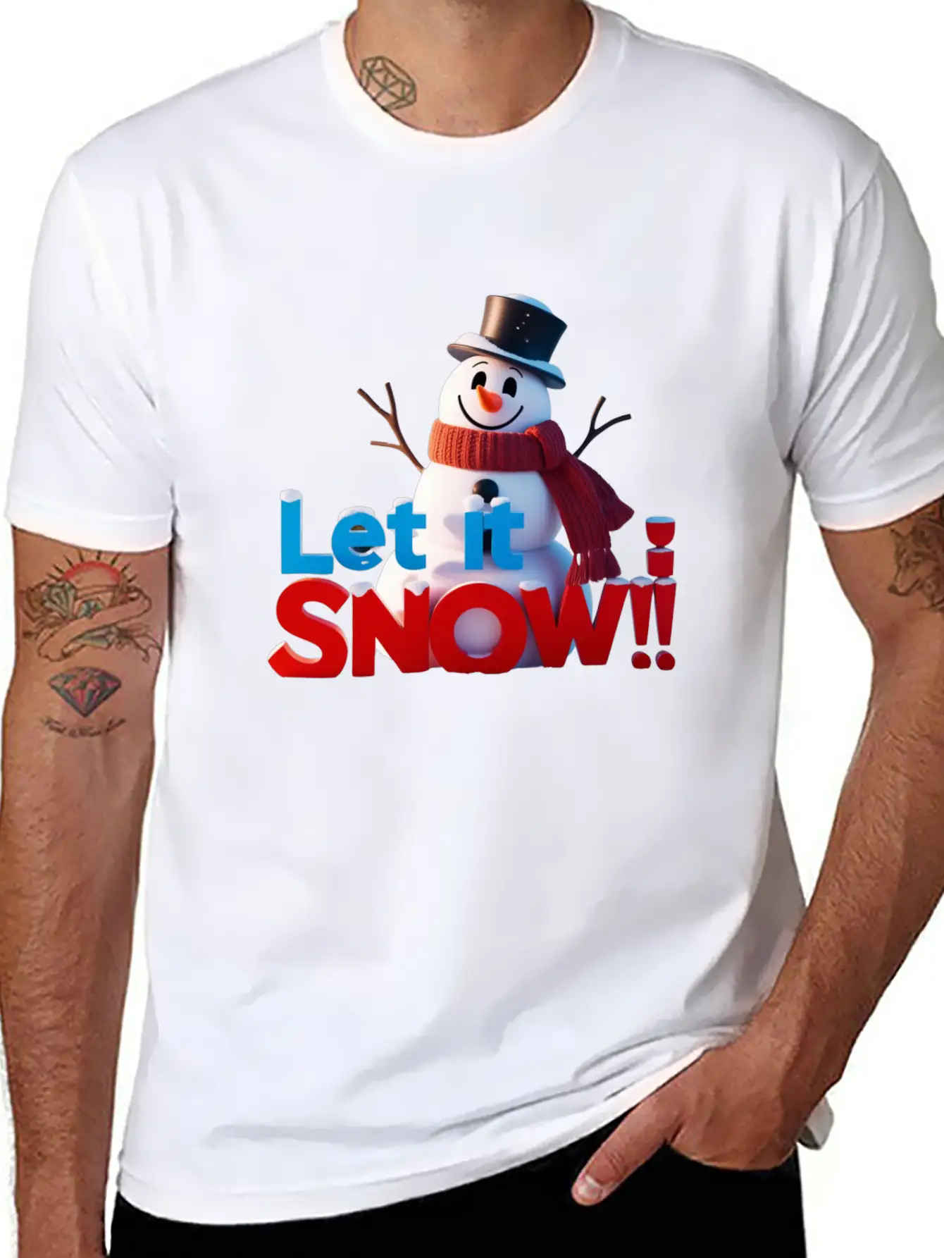 Let It Snow! Festive Cartoon Snowman Winter Design Unisex Short Sleeve Soft Cotton T-Shirt – Casual Everyday Wear
