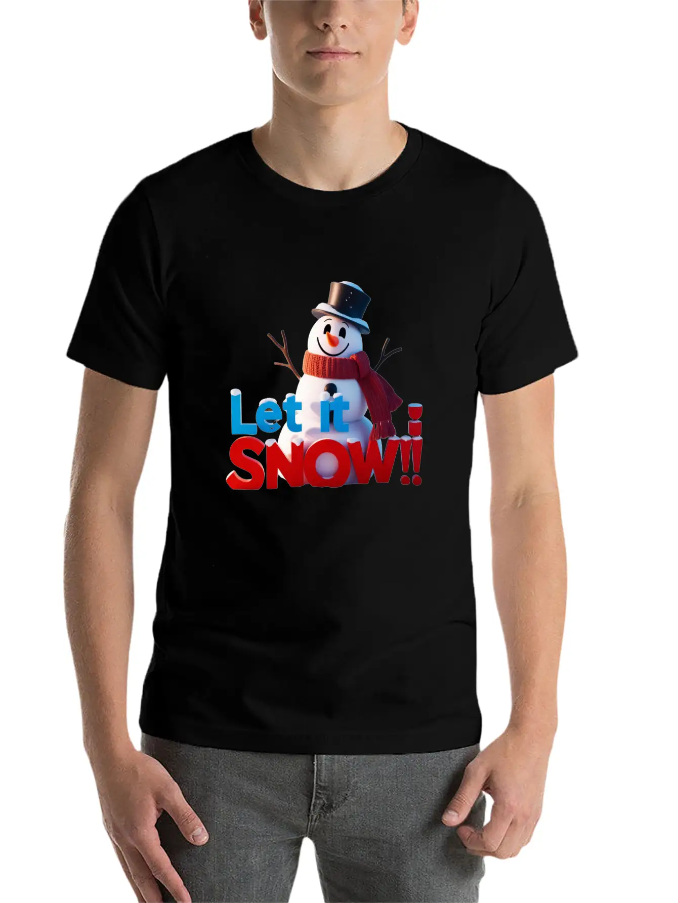 Let It Snow! Festive Cartoon Snowman Winter Design Unisex Short Sleeve Soft Cotton T-Shirt – Casual Everyday Wear