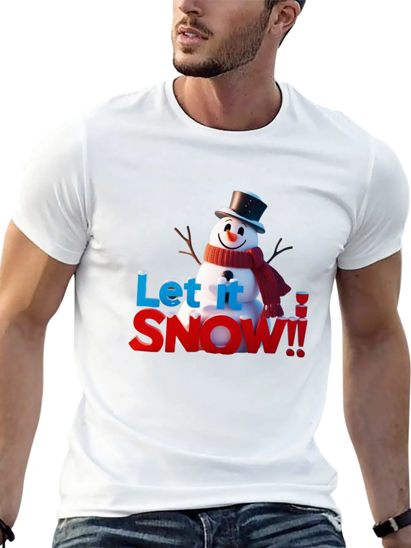 Let It Snow! Festive Cartoon Snowman Winter Design Unisex Short Sleeve Soft Cotton T-Shirt – Casual Everyday Wear
