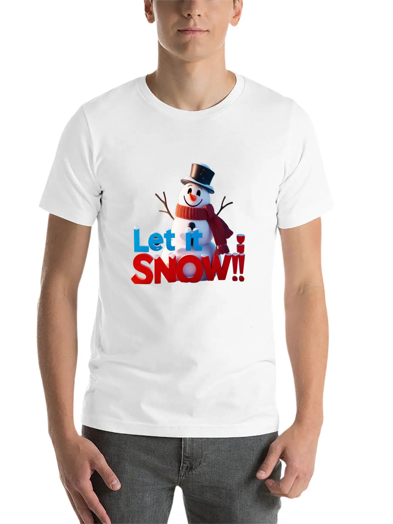 Let It Snow! Festive Cartoon Snowman Winter Design Unisex Short Sleeve Soft Cotton T-Shirt – Casual Everyday Wear