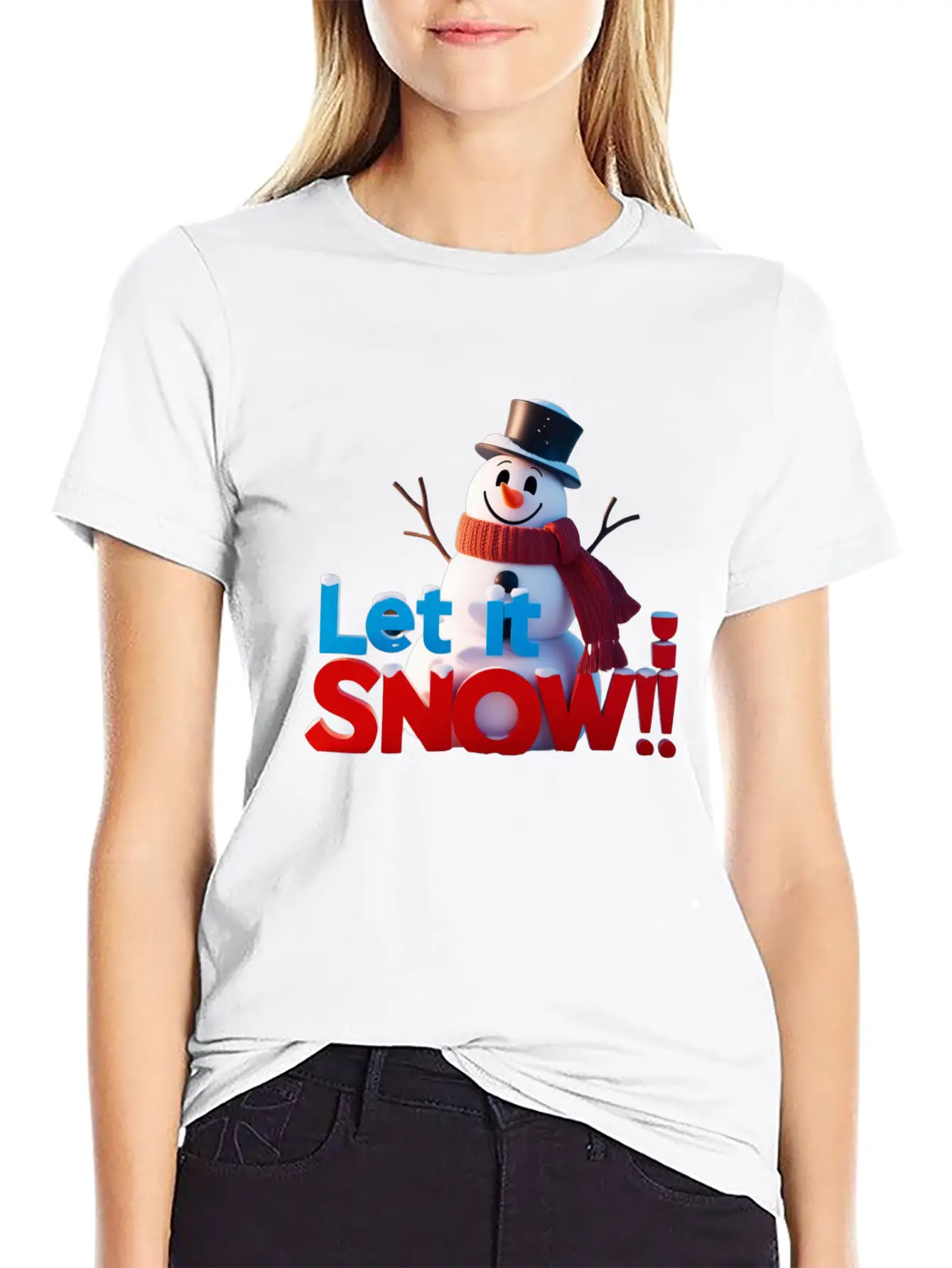 Let It Snow! Festive Cartoon Snowman Winter Design Unisex Short Sleeve Soft Cotton T-Shirt – Casual Everyday Wear