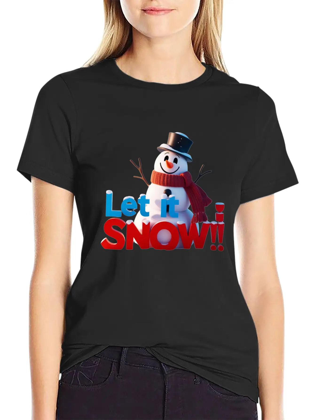 Let It Snow! Festive Cartoon Snowman Winter Design Unisex Short Sleeve Soft Cotton T-Shirt – Casual Everyday Wear