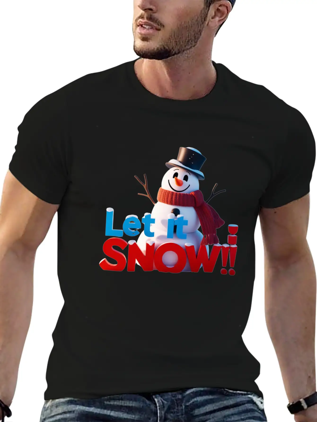 Let It Snow! Festive Cartoon Snowman Winter Design Unisex Short Sleeve Soft Cotton T-Shirt – Casual Everyday Wear