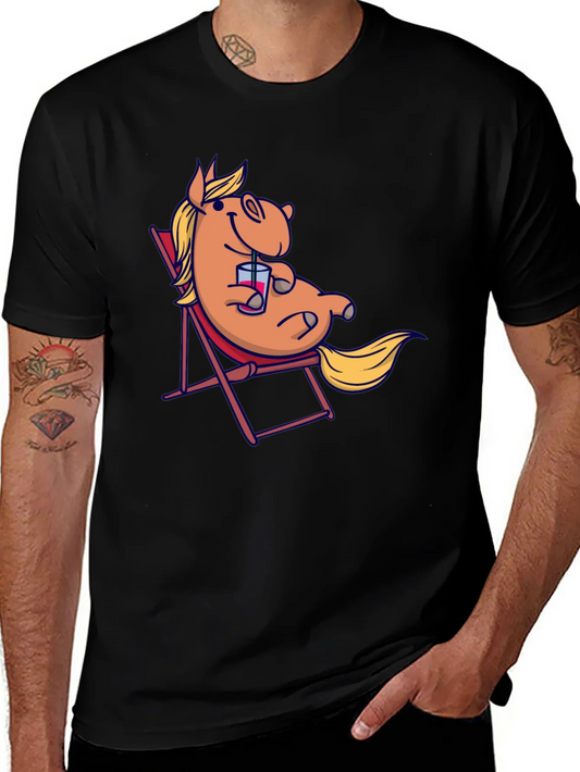 Relaxed Cartoon Horse T-Shirt - Black Cotton Tee