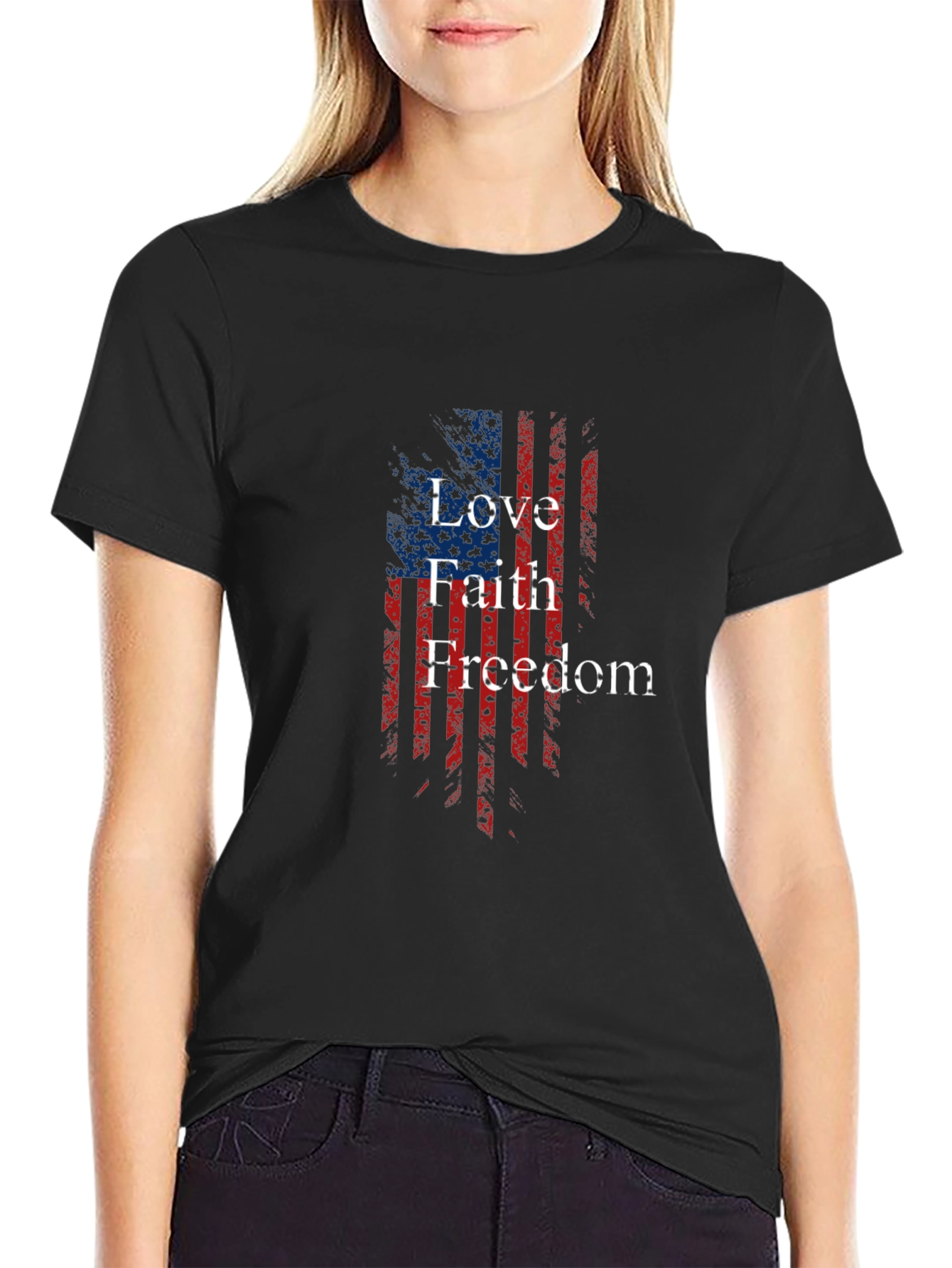 Patriotic Love Faith Freedom USA Flag Graphic T-Shirt