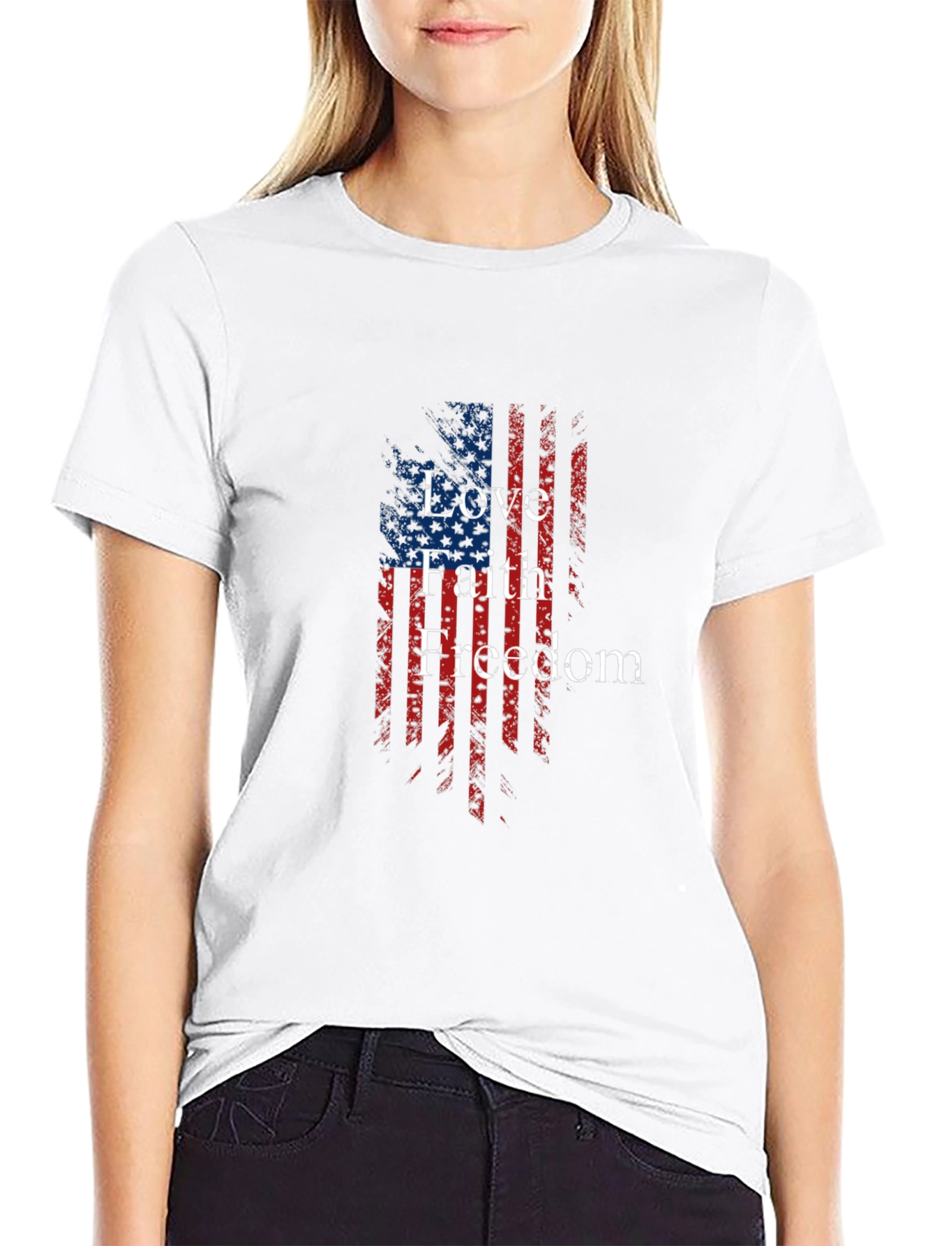 Patriotic Love Faith Freedom USA Flag Graphic T-Shirt