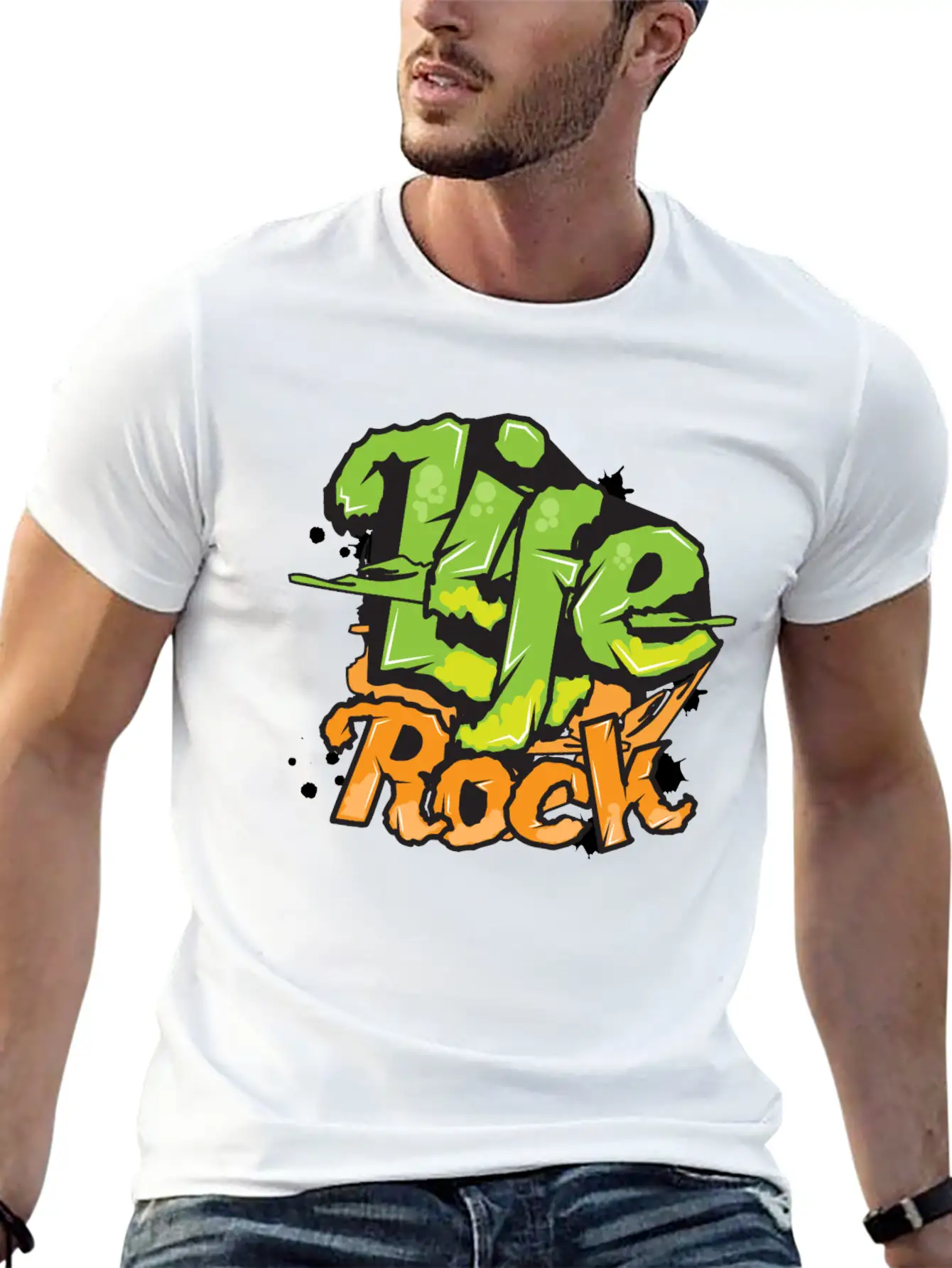 Life Rock Text Art- Graffiti Grunge Style Design Stylish Everyday T-Shirt – Unisex Basic Cotton Tee
