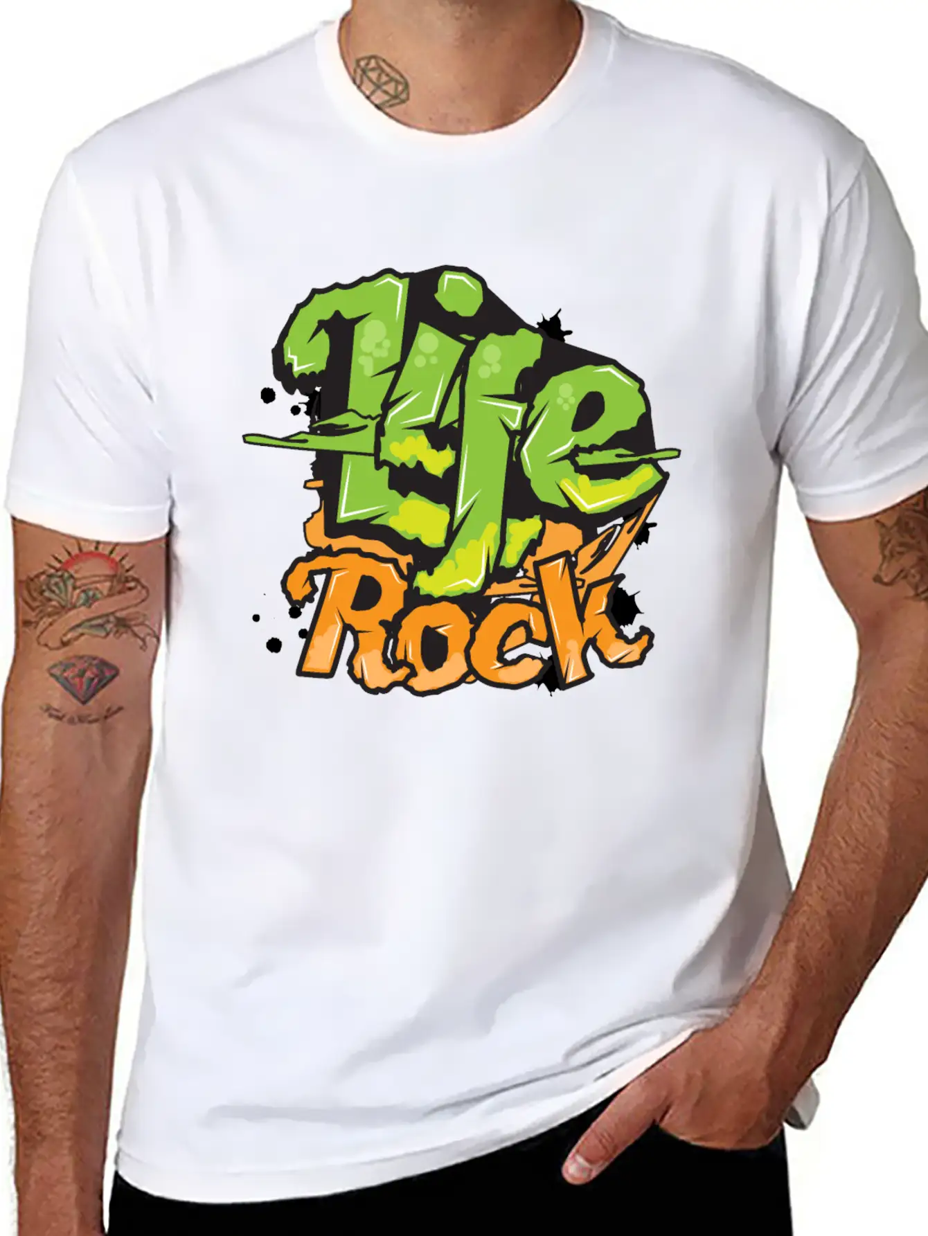 Life Rock Text Art- Graffiti Grunge Style Design Stylish Everyday T-Shirt – Unisex Basic Cotton Tee