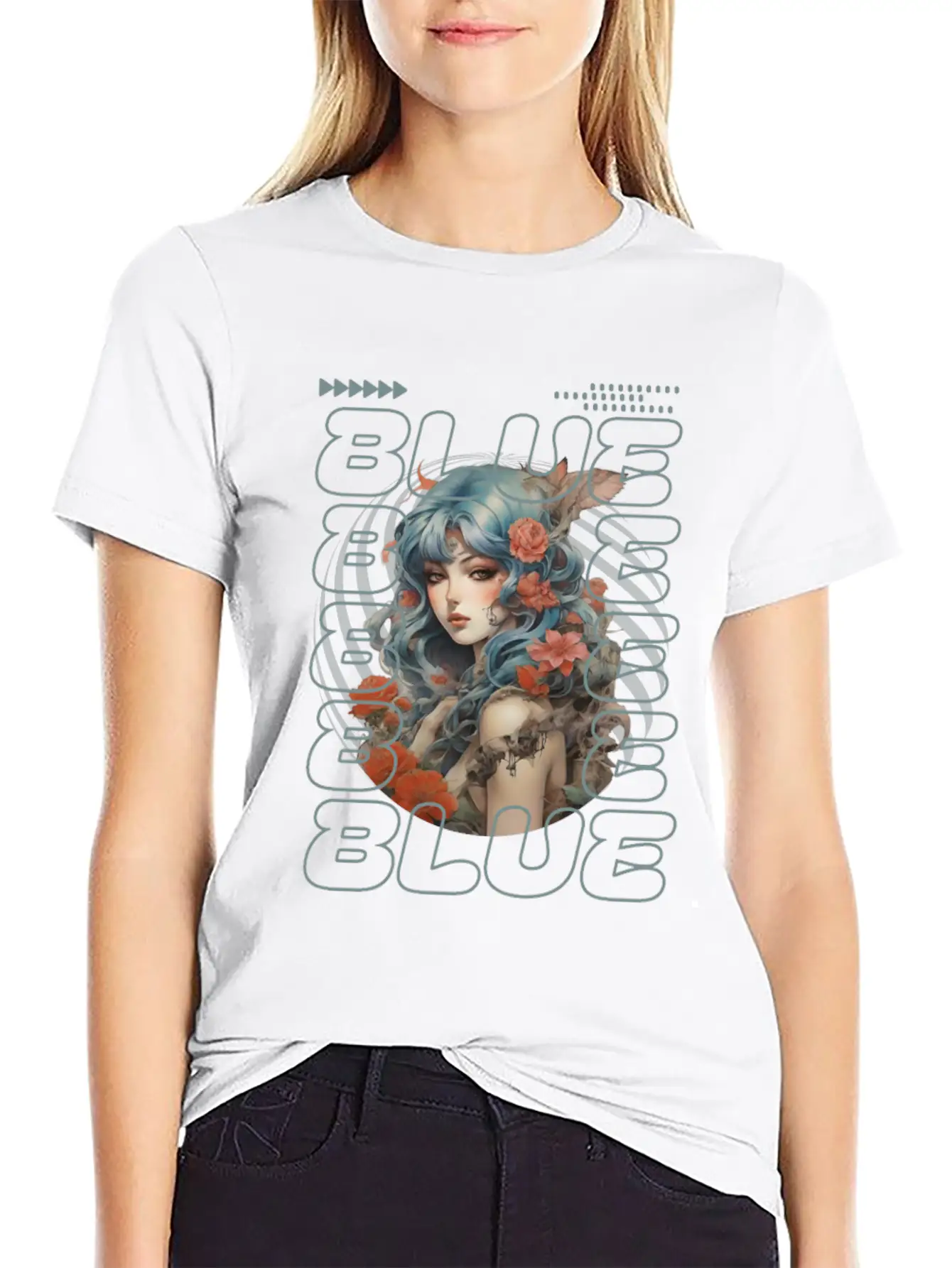 Light Blue-haired Girl Amidst Red Florals Essential Unisex Summer Tee – Soft Cotton Casual Fit