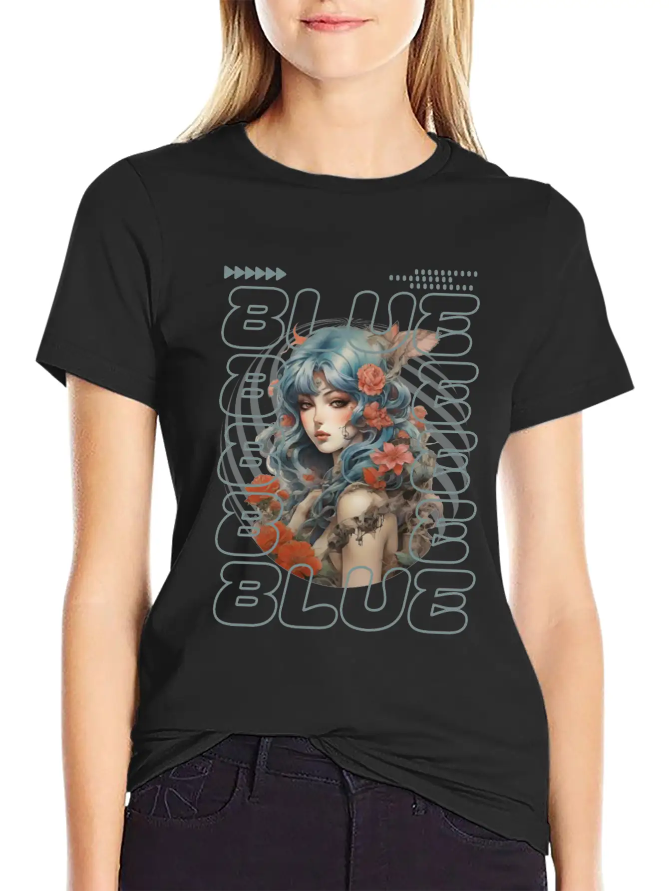 Light Blue-haired Girl Amidst Red Florals Essential Unisex Summer Tee – Soft Cotton Casual Fit