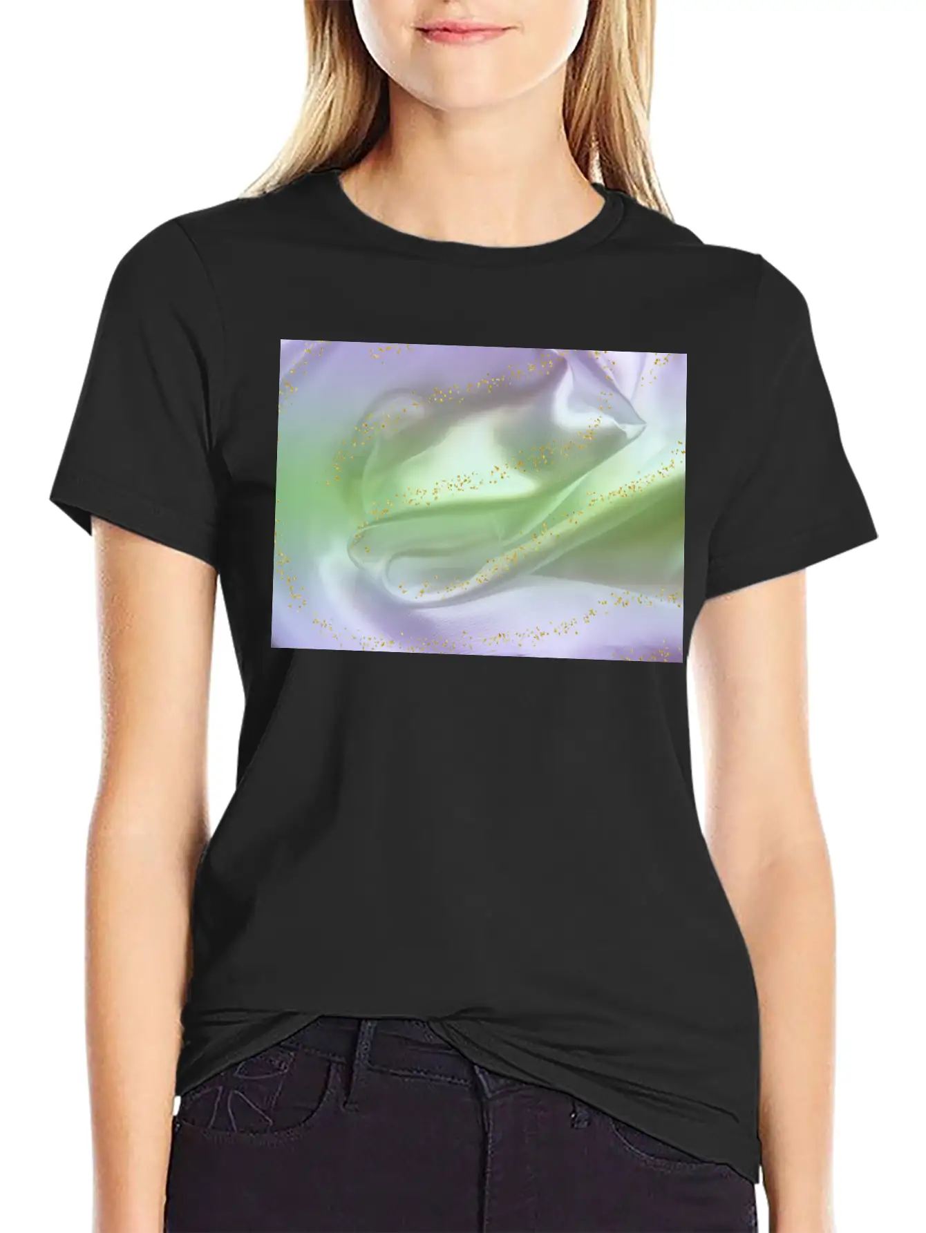 Lilac Green Satin Gold Glitter Timeless Short Sleeve Tee – Comfy And Minimalist Design