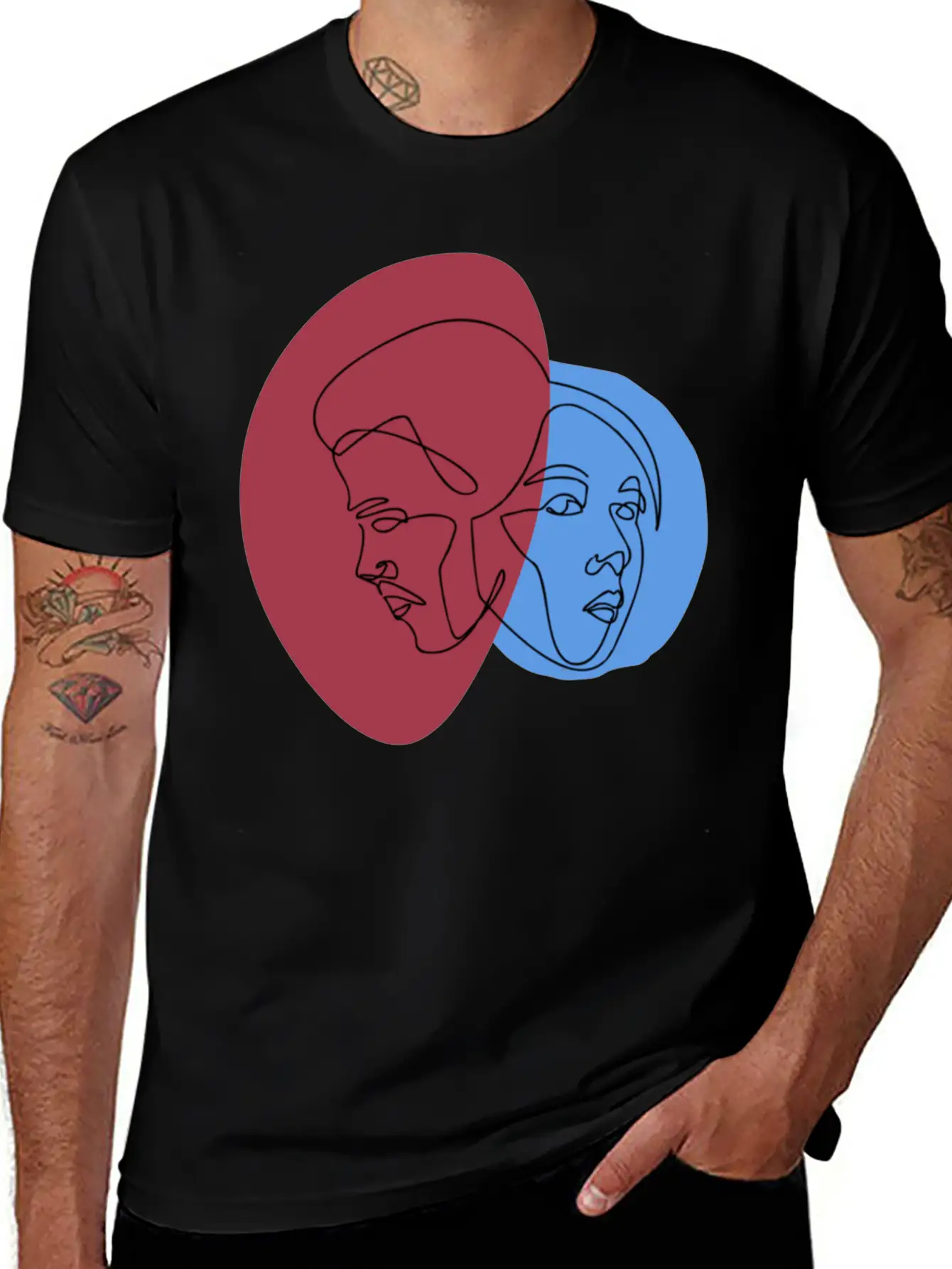 Line Art Lovers Face | Line Art Minimal Faces Unisex Short Sleeve Soft Cotton T-Shirt – Casual Everyday Wear