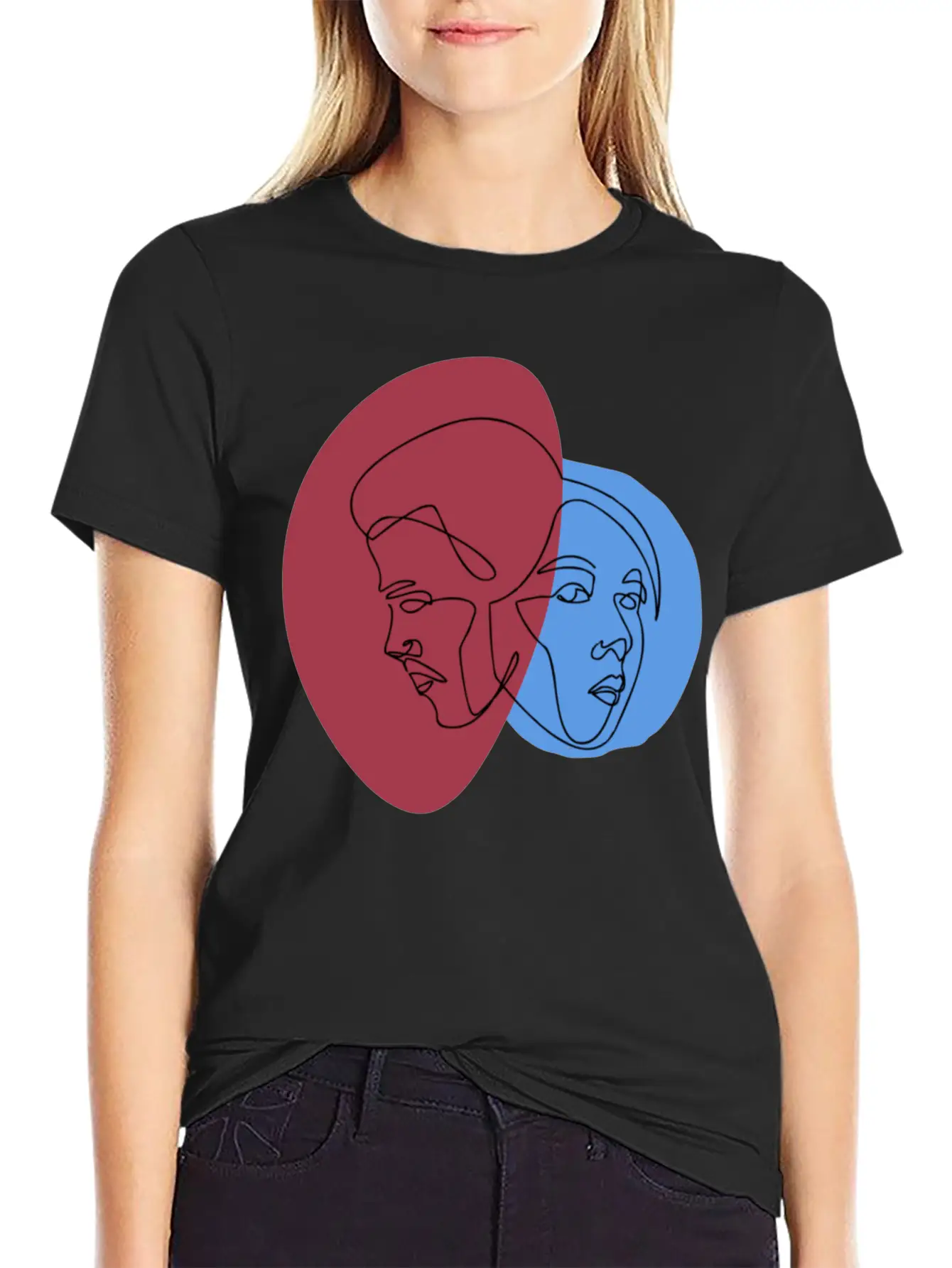 Line Art Lovers Face | Line Art Minimal Faces Unisex Short Sleeve Soft Cotton T-Shirt – Casual Everyday Wear