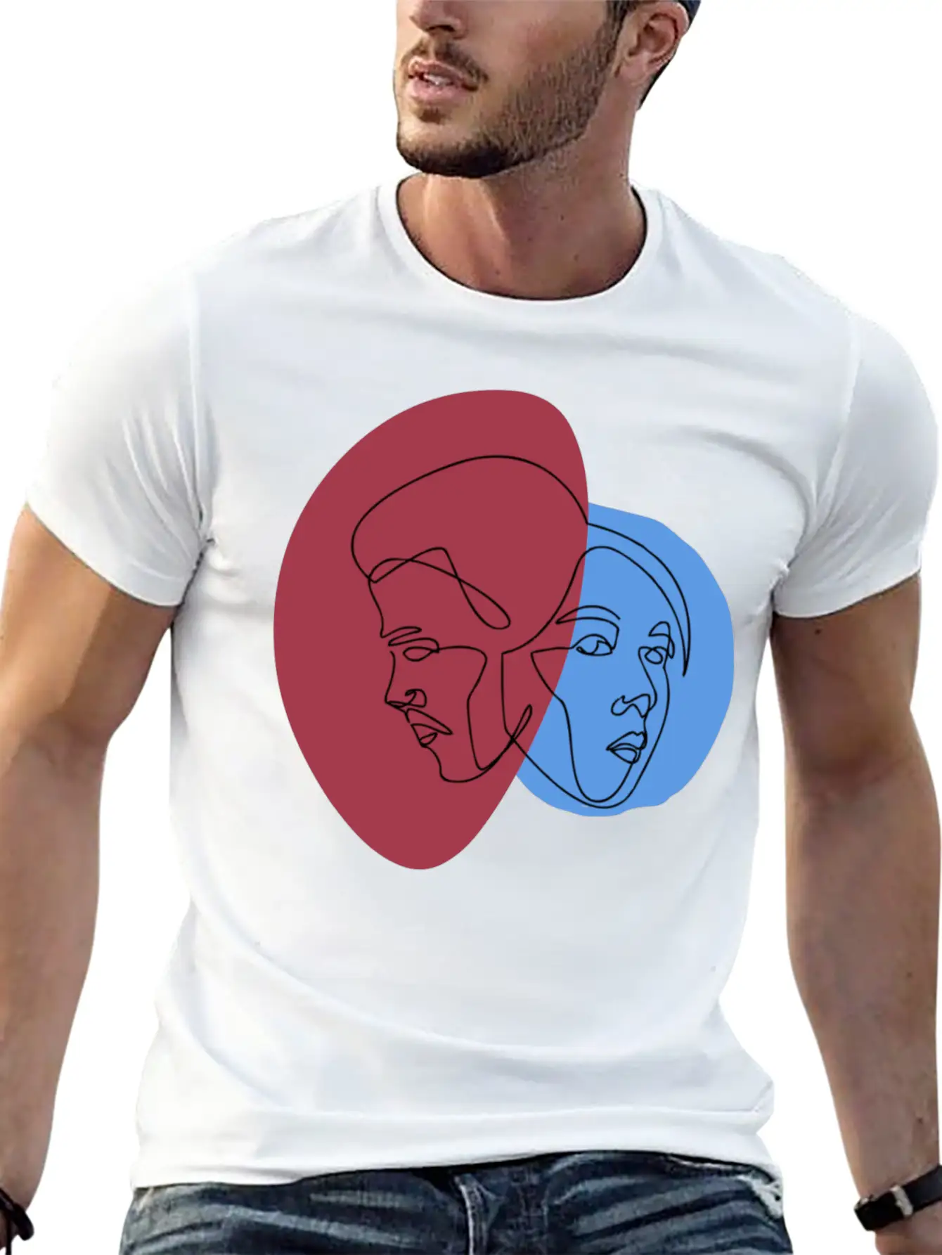 Line Art Lovers Face | Line Art Minimal Faces Unisex Short Sleeve Soft Cotton T-Shirt – Casual Everyday Wear