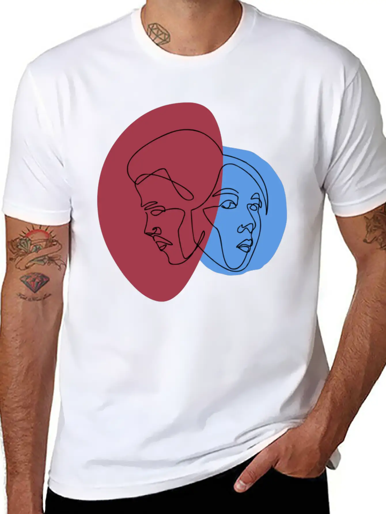 Line Art Lovers Face | Line Art Minimal Faces Unisex Short Sleeve Soft Cotton T-Shirt – Casual Everyday Wear