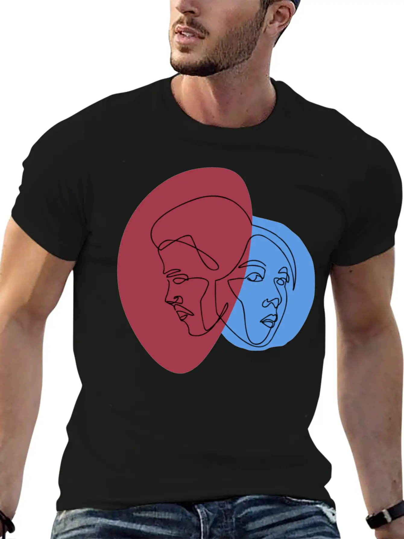 Line Art Lovers Face | Line Art Minimal Faces Unisex Short Sleeve Soft Cotton T-Shirt – Casual Everyday Wear