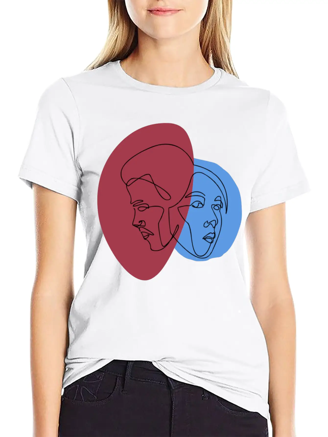 Line Art Lovers Face | Line Art Minimal Faces Unisex Short Sleeve Soft Cotton T-Shirt – Casual Everyday Wear