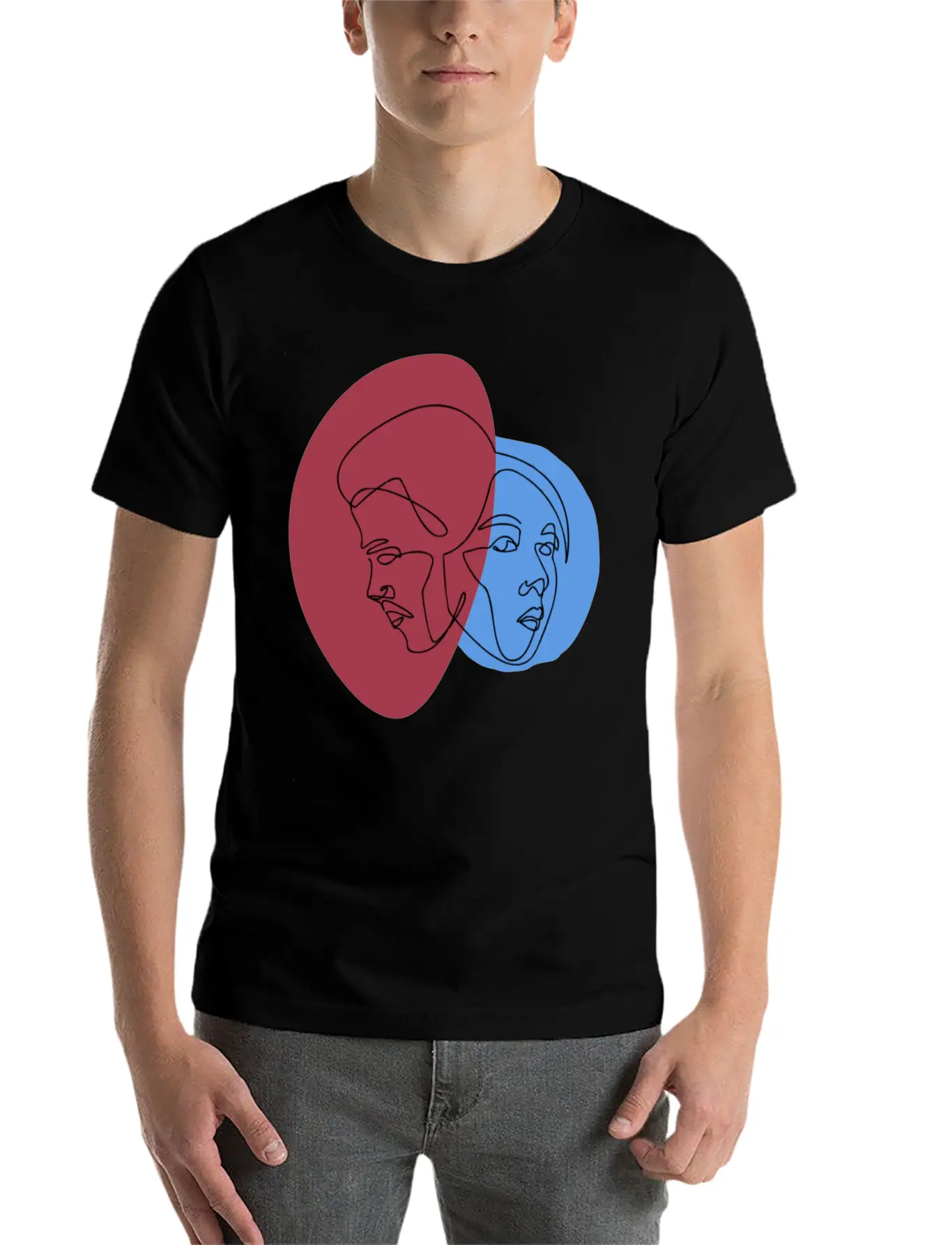 Line Art Lovers Face | Line Art Minimal Faces Unisex Short Sleeve Soft Cotton T-Shirt – Casual Everyday Wear