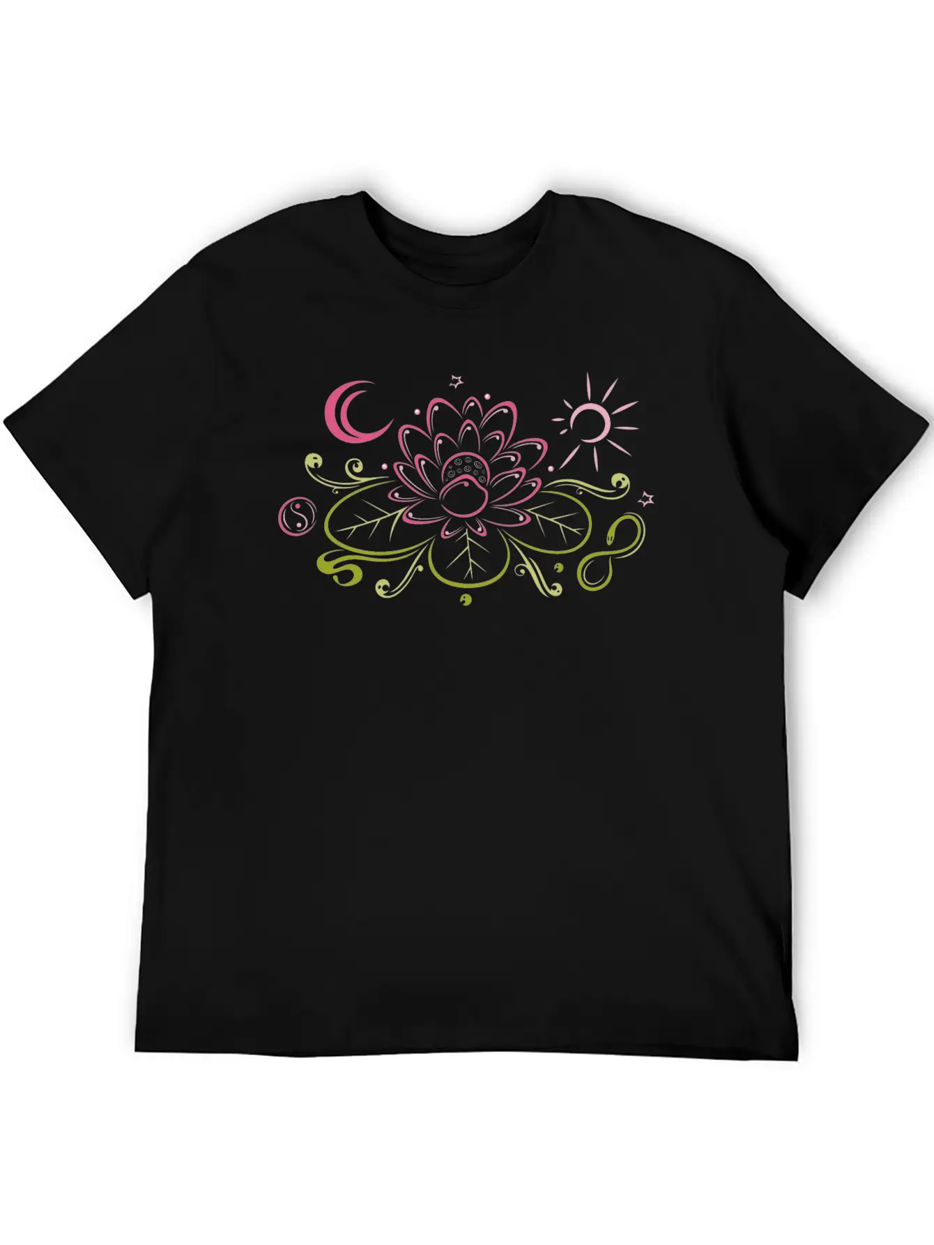 Lotus With Moon, Yin Yang And Sun Timeless Short Sleeve Tee – Comfy And Minimalist Design