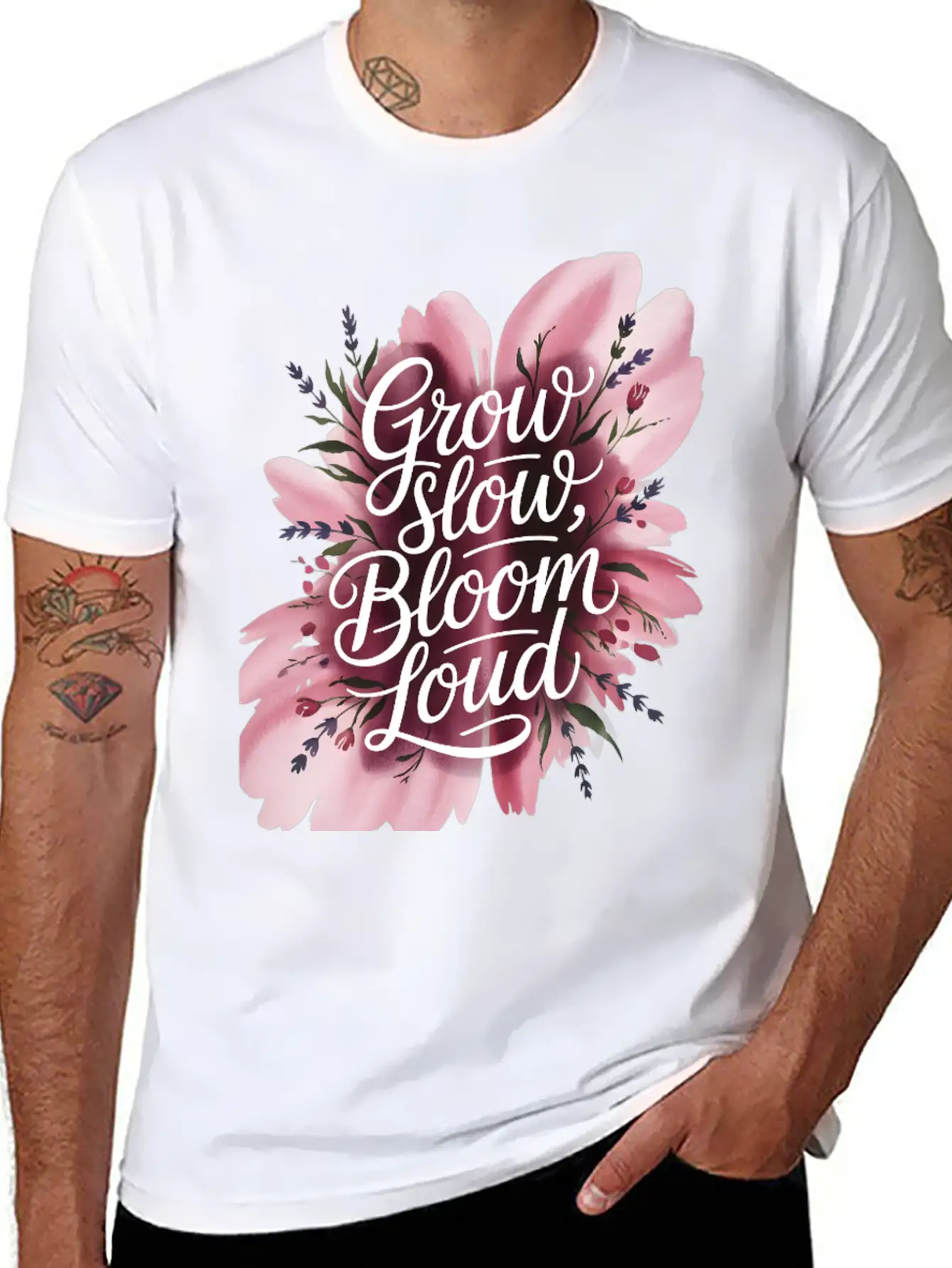 Loud Bloom Minimal Script "Grow Slow, Bloom Loud. Essential Unisex Summer Tee – Soft Cotton Casual Fit