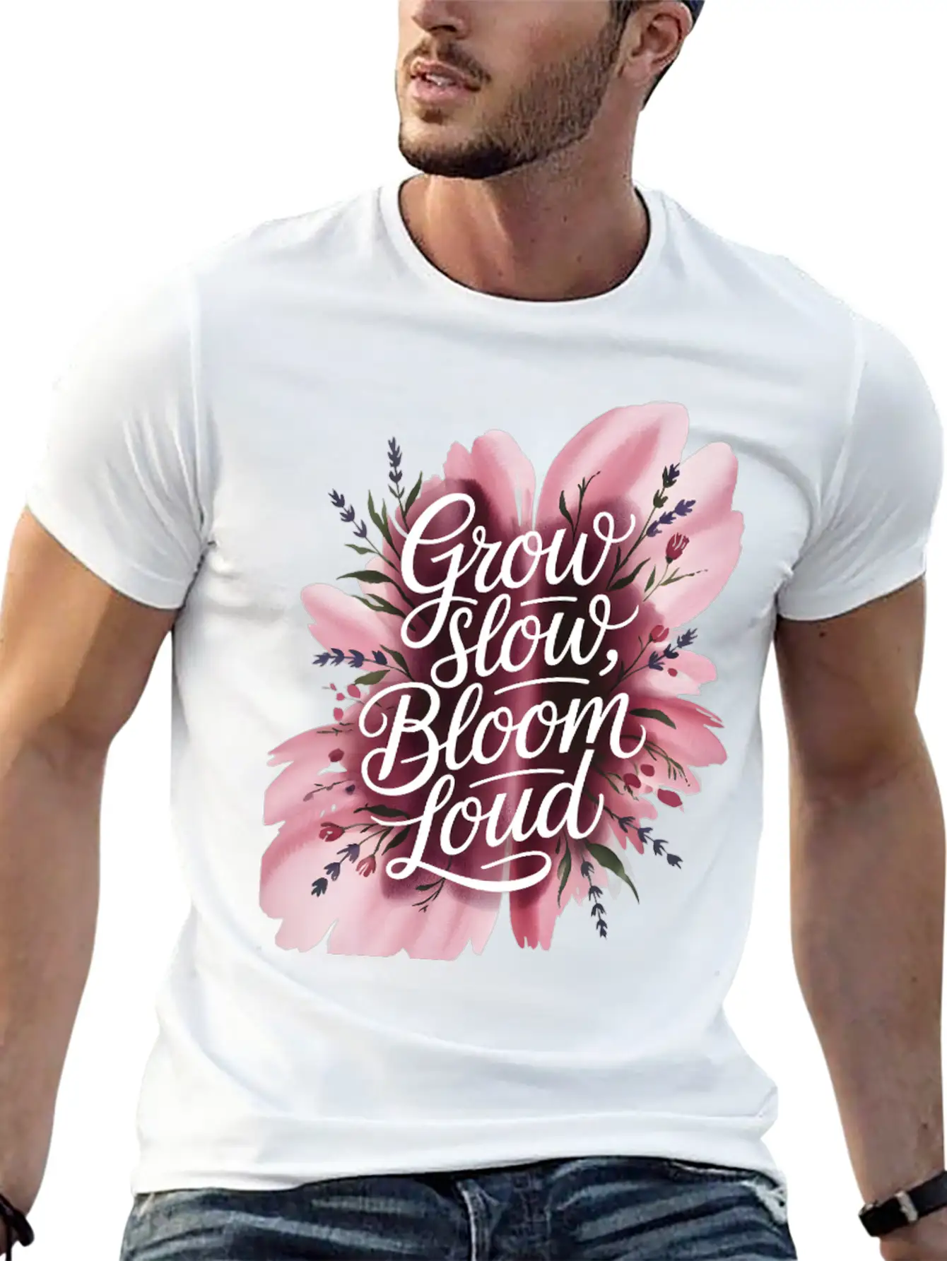 Loud Bloom Minimal Script "Grow Slow, Bloom Loud. Essential Unisex Summer Tee – Soft Cotton Casual Fit