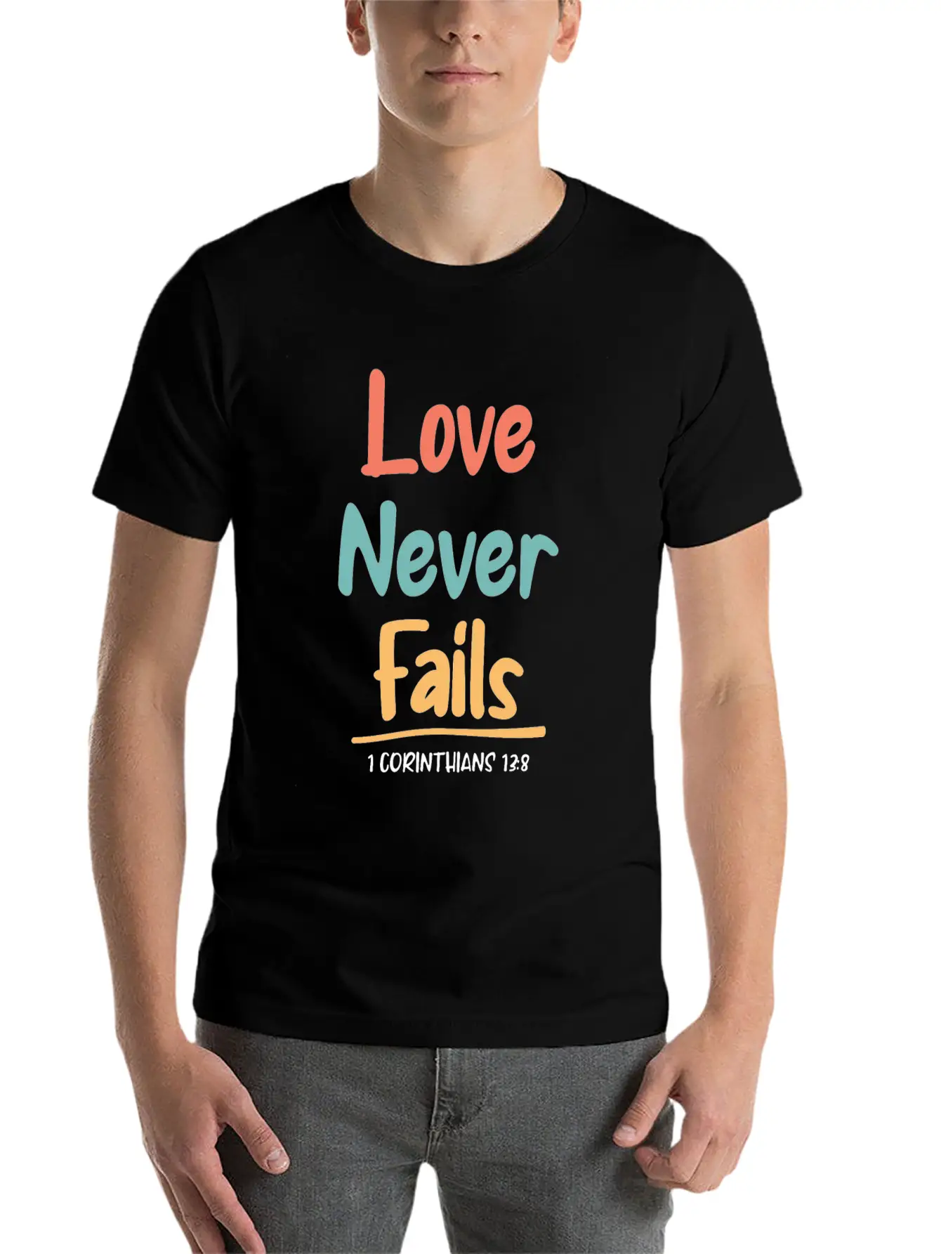 Love Never Fails Bible Verse Bible Study Unisex Short Sleeve Soft Cotton T-Shirt – Casual Everyday Wear
