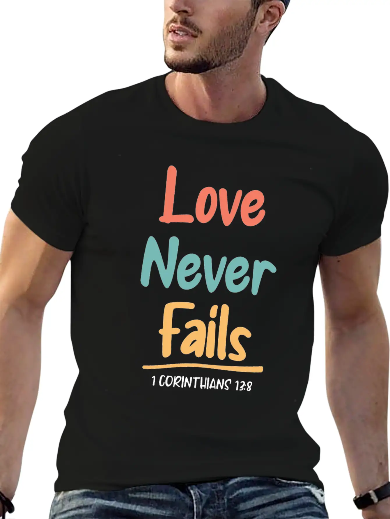 Love Never Fails Bible Verse Bible Study Unisex Short Sleeve Soft Cotton T-Shirt – Casual Everyday Wear