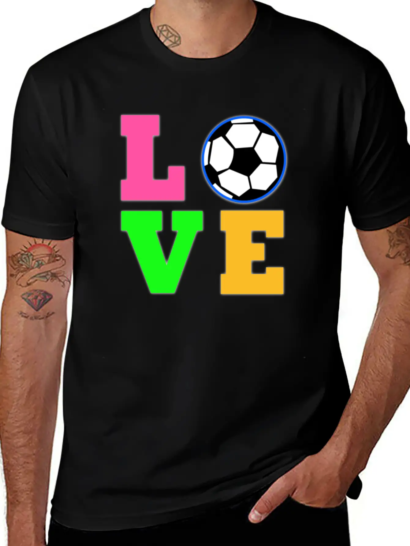 Love Soccer Neon Rhinestuds Unisex Short Sleeve Soft Cotton T-Shirt – Casual Everyday Wear