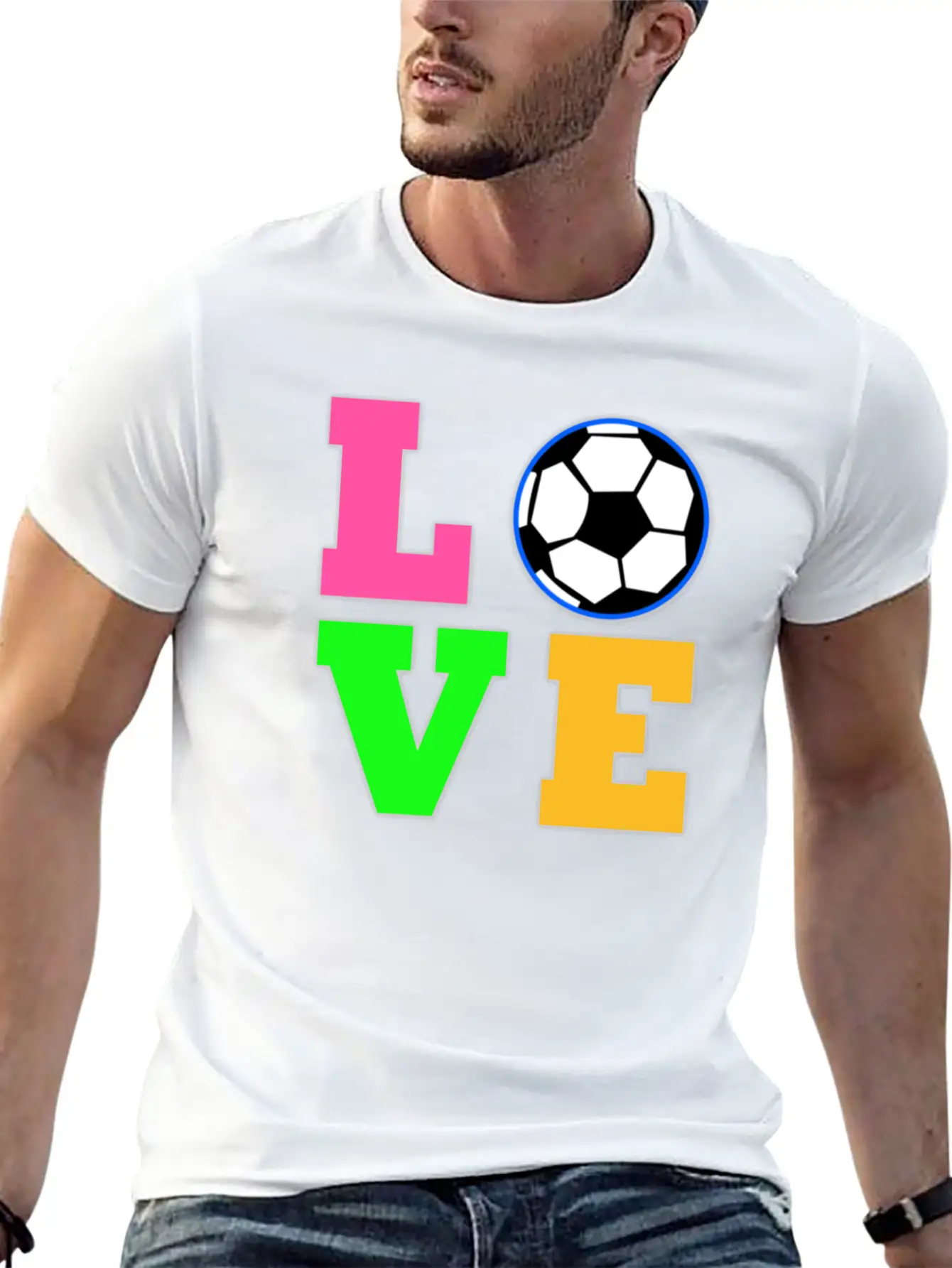 Love Soccer Neon Rhinestuds Unisex Short Sleeve Soft Cotton T-Shirt – Casual Everyday Wear