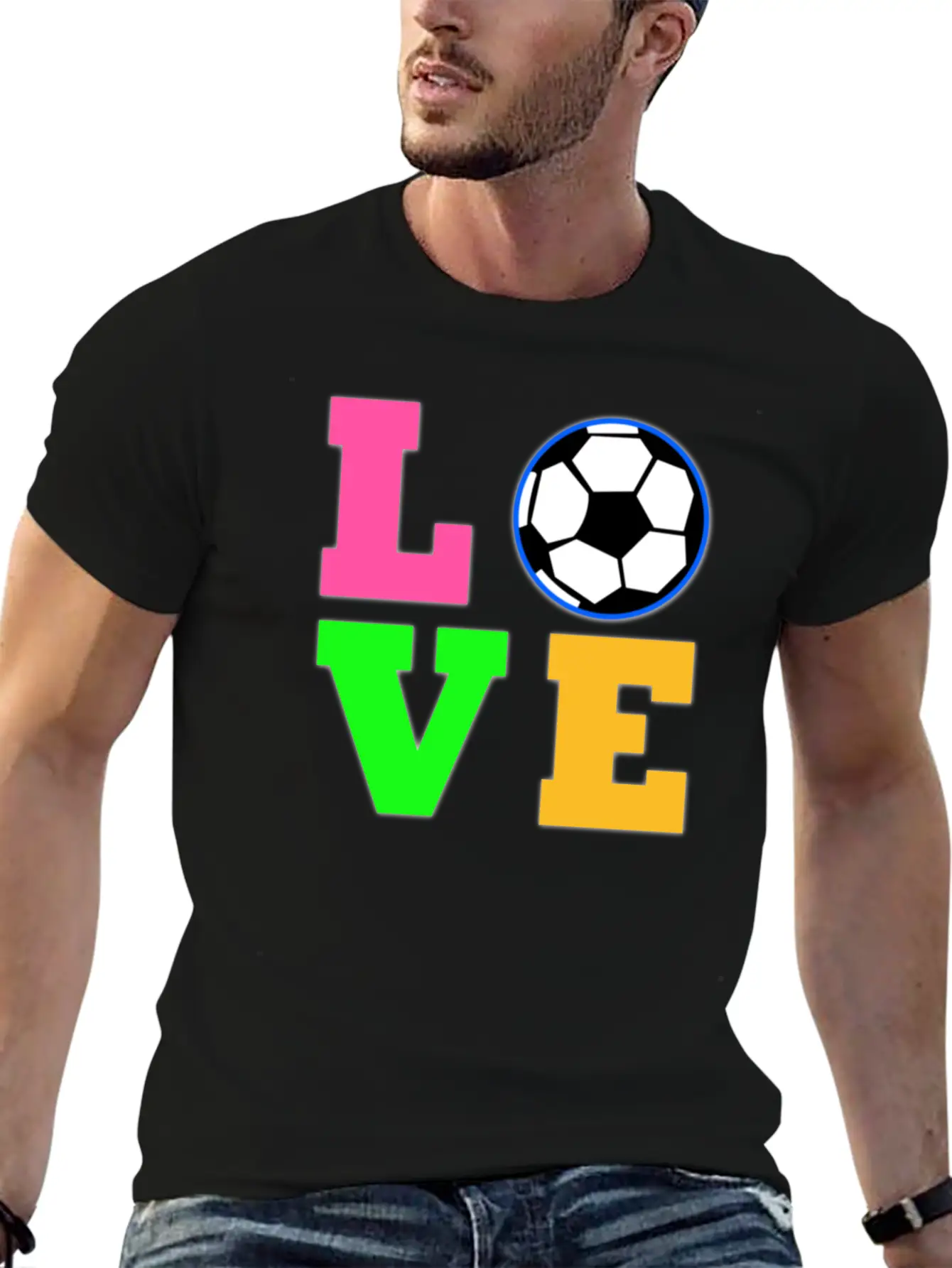 Love Soccer Neon Rhinestuds Unisex Short Sleeve Soft Cotton T-Shirt – Casual Everyday Wear