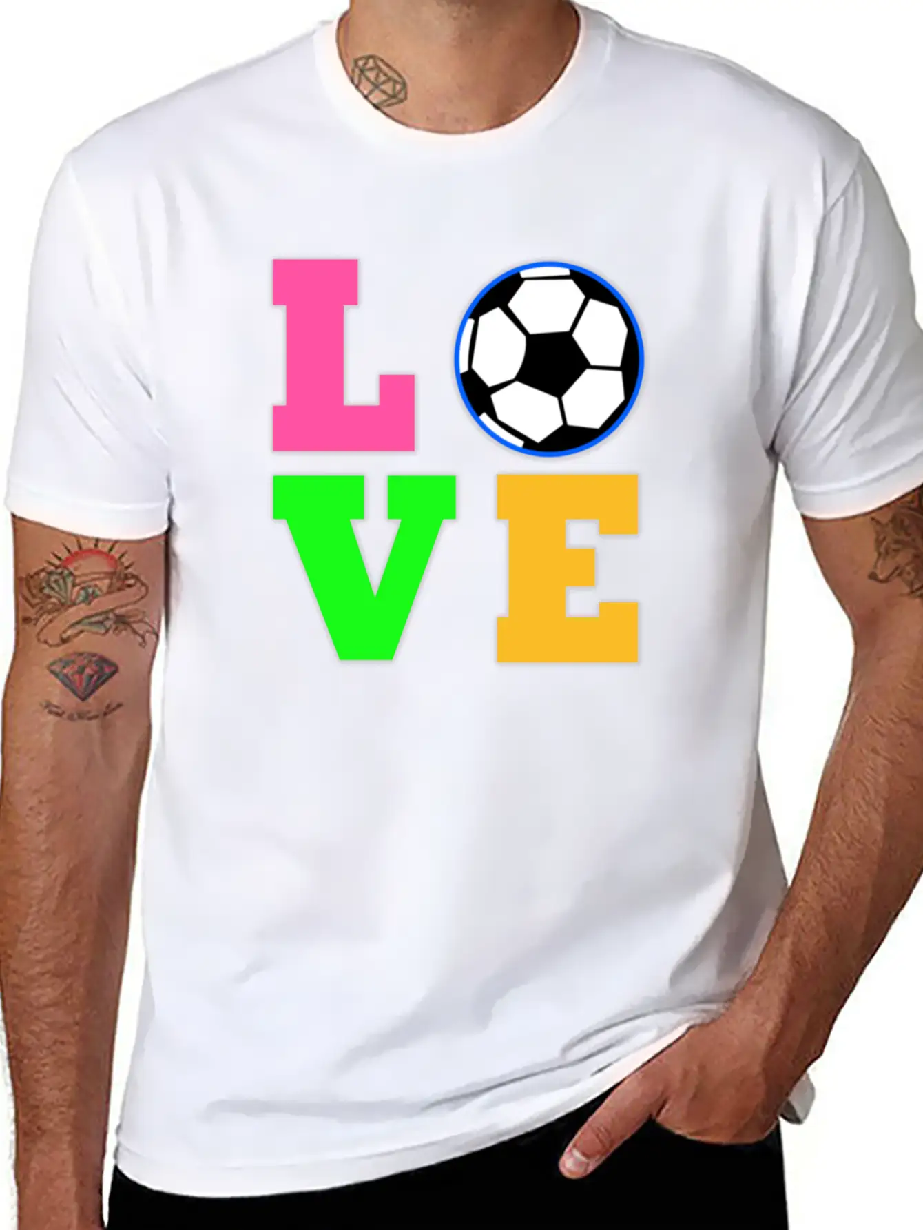 Love Soccer Neon Rhinestuds Unisex Short Sleeve Soft Cotton T-Shirt – Casual Everyday Wear
