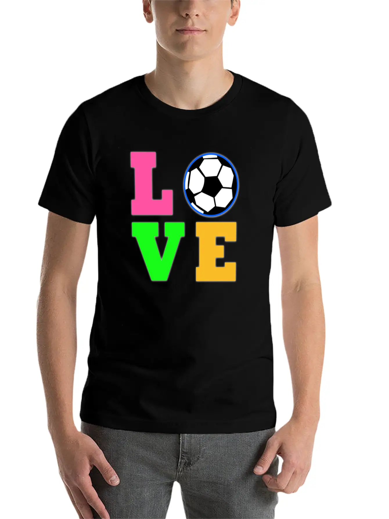 Love Soccer Neon Rhinestuds Unisex Short Sleeve Soft Cotton T-Shirt – Casual Everyday Wear