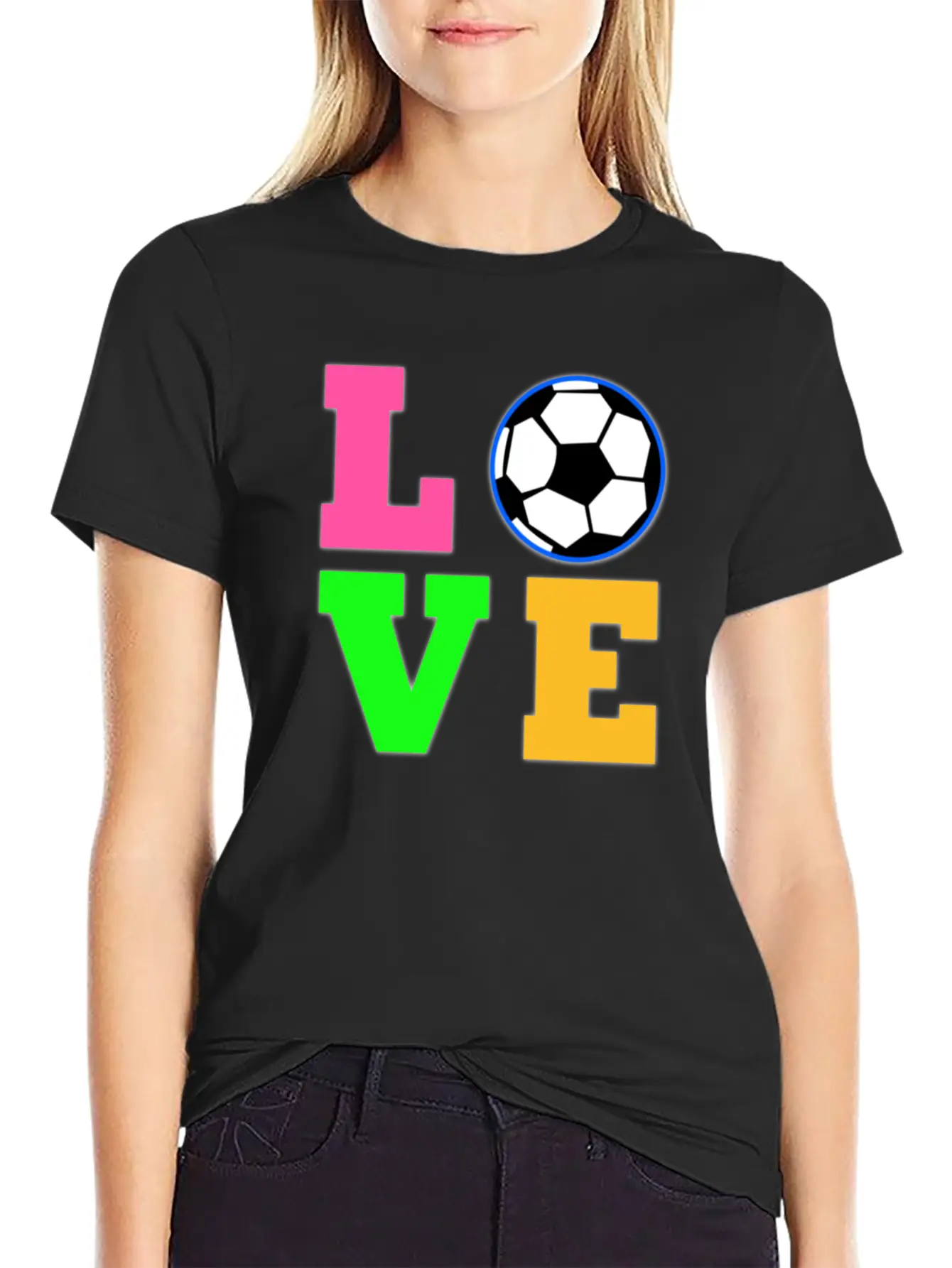 Love Soccer Neon Rhinestuds Unisex Short Sleeve Soft Cotton T-Shirt – Casual Everyday Wear