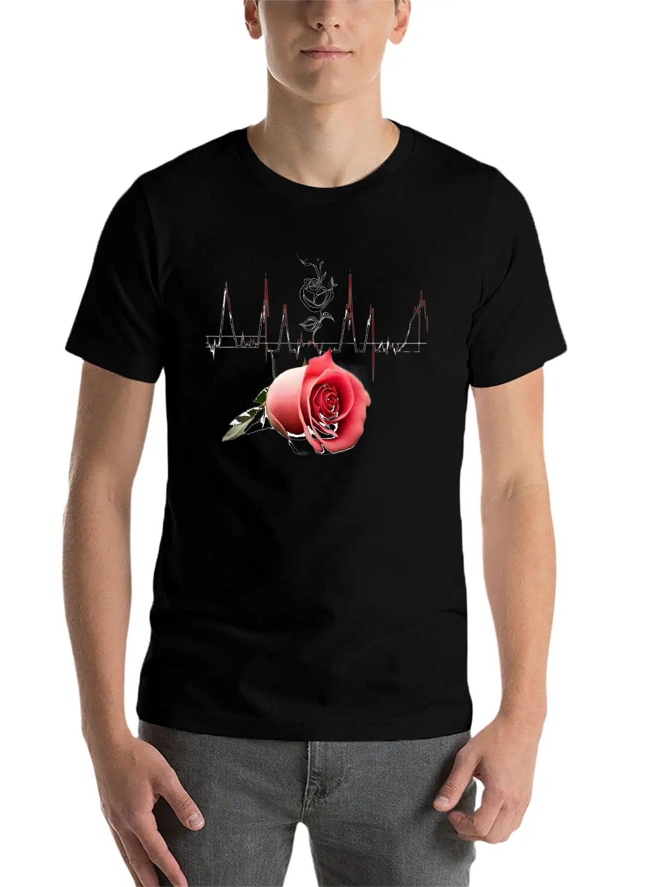 "Love's Pulse: The Rose Heartbeat" Unisex Short Sleeve Soft Cotton T-Shirt – Casual Everyday Wear