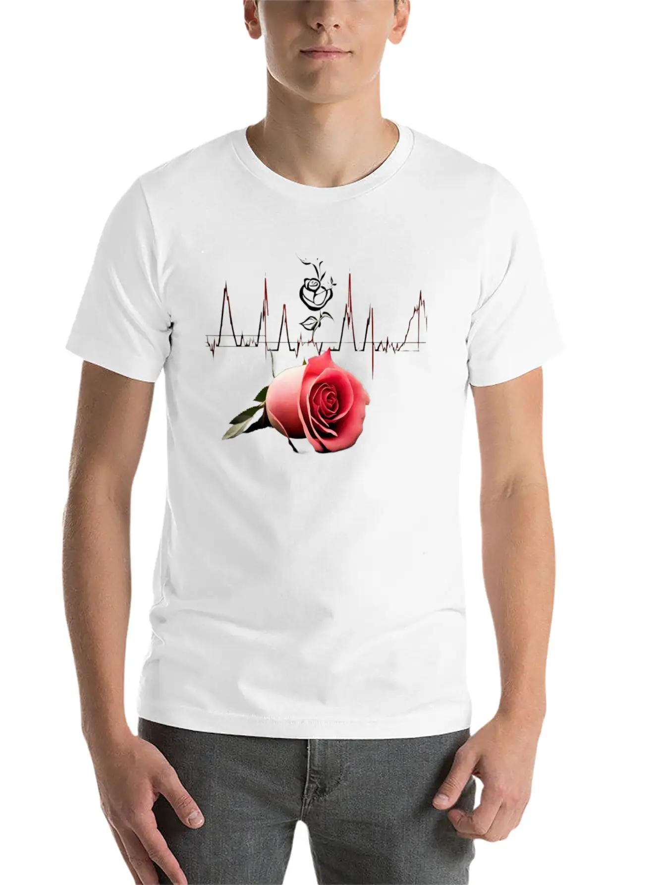 "Love's Pulse: The Rose Heartbeat" Unisex Short Sleeve Soft Cotton T-Shirt – Casual Everyday Wear