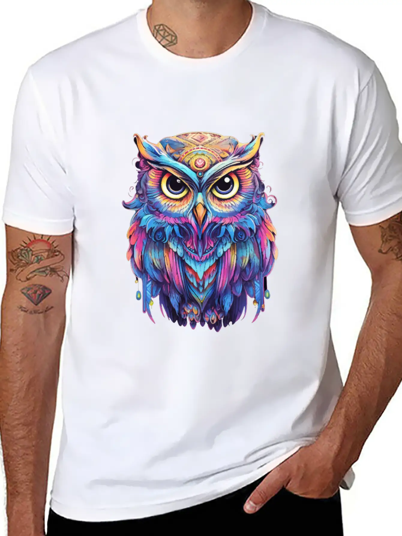 Luminous Nocturne: Holographic Owl Splendor Timeless Short Sleeve Tee – Comfy And Minimalist Design