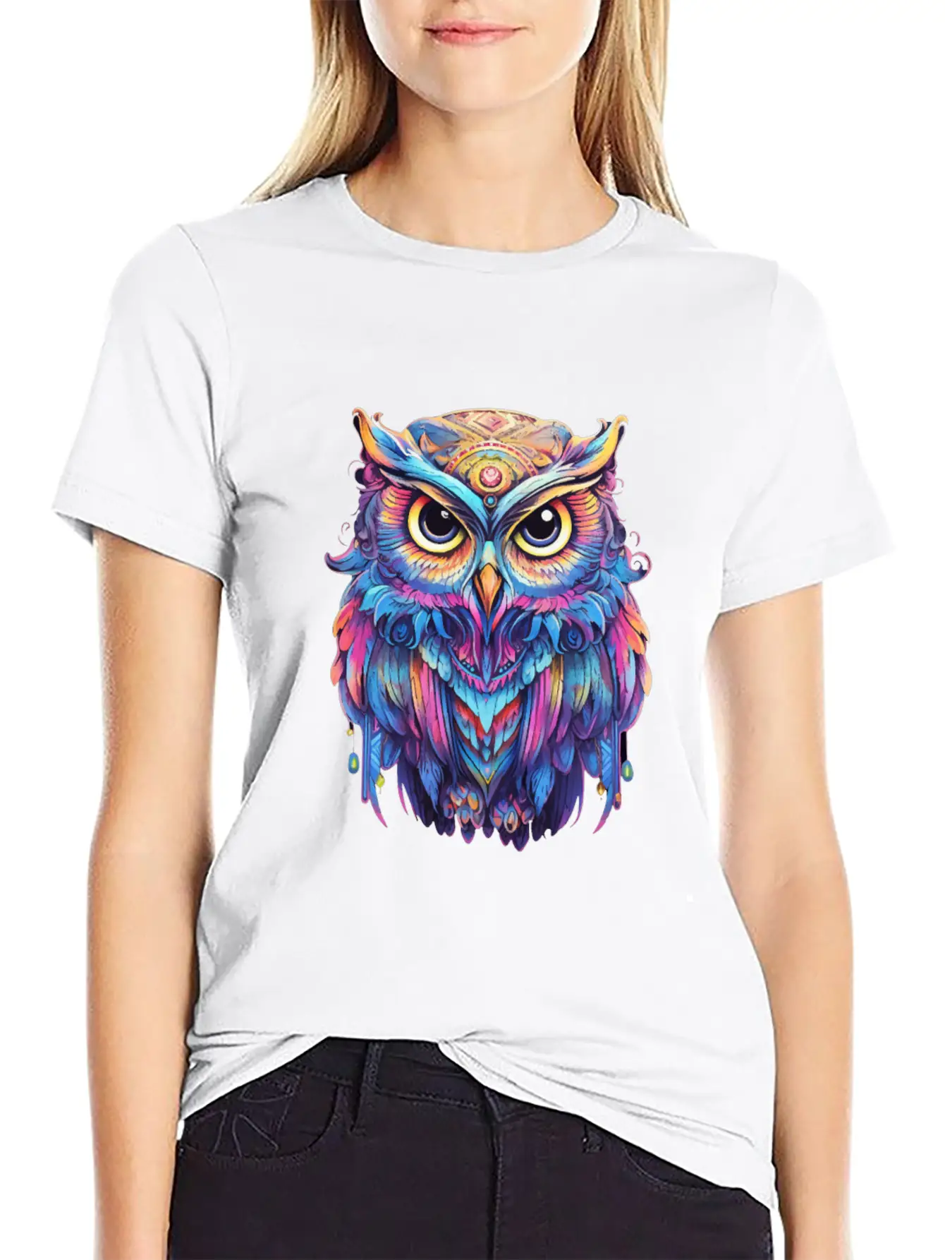 Luminous Nocturne: Holographic Owl Splendor Timeless Short Sleeve Tee – Comfy And Minimalist Design