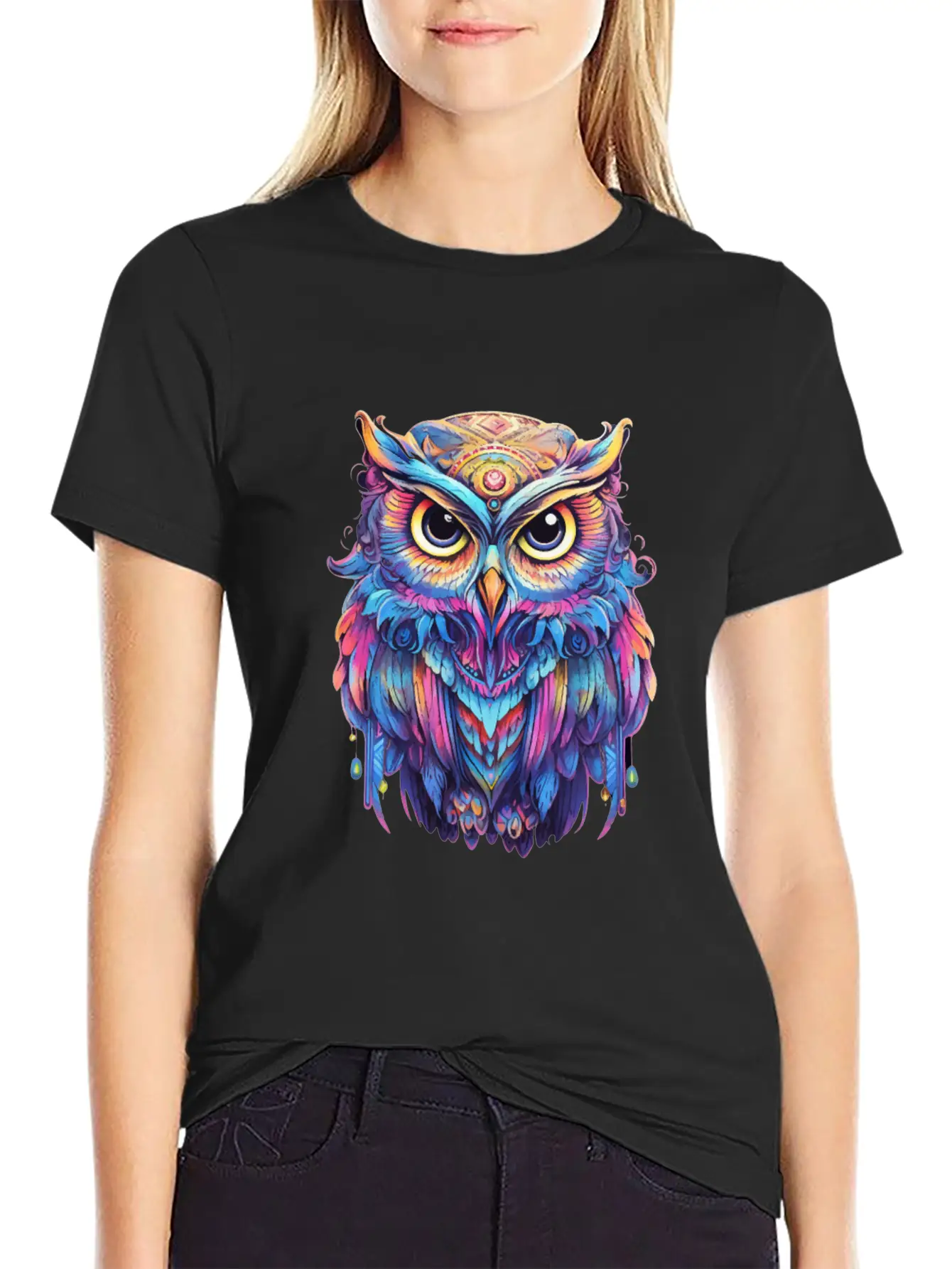 Luminous Nocturne: Holographic Owl Splendor Timeless Short Sleeve Tee – Comfy And Minimalist Design