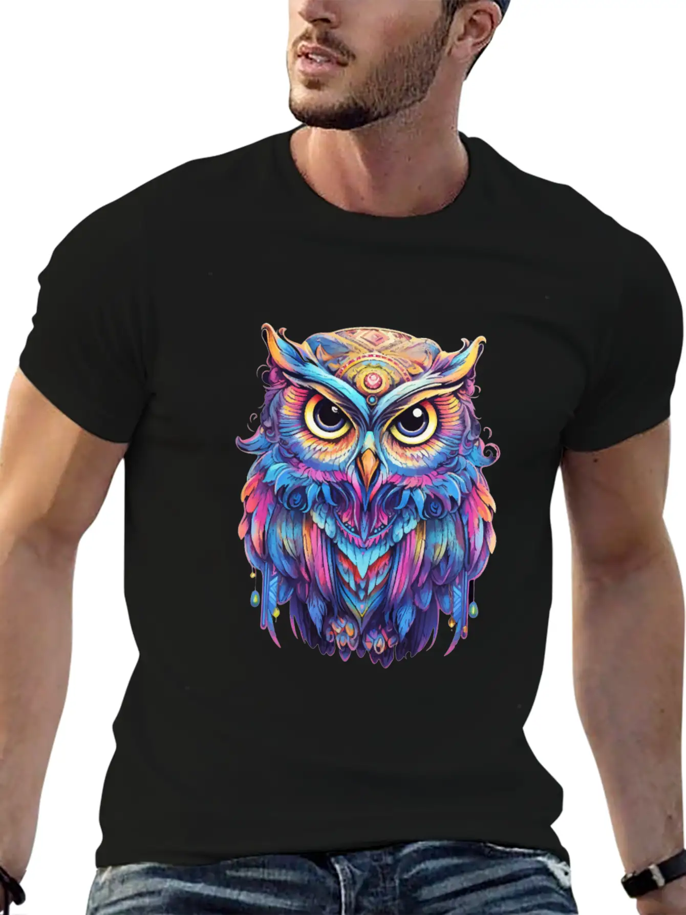Luminous Nocturne: Holographic Owl Splendor Timeless Short Sleeve Tee – Comfy And Minimalist Design