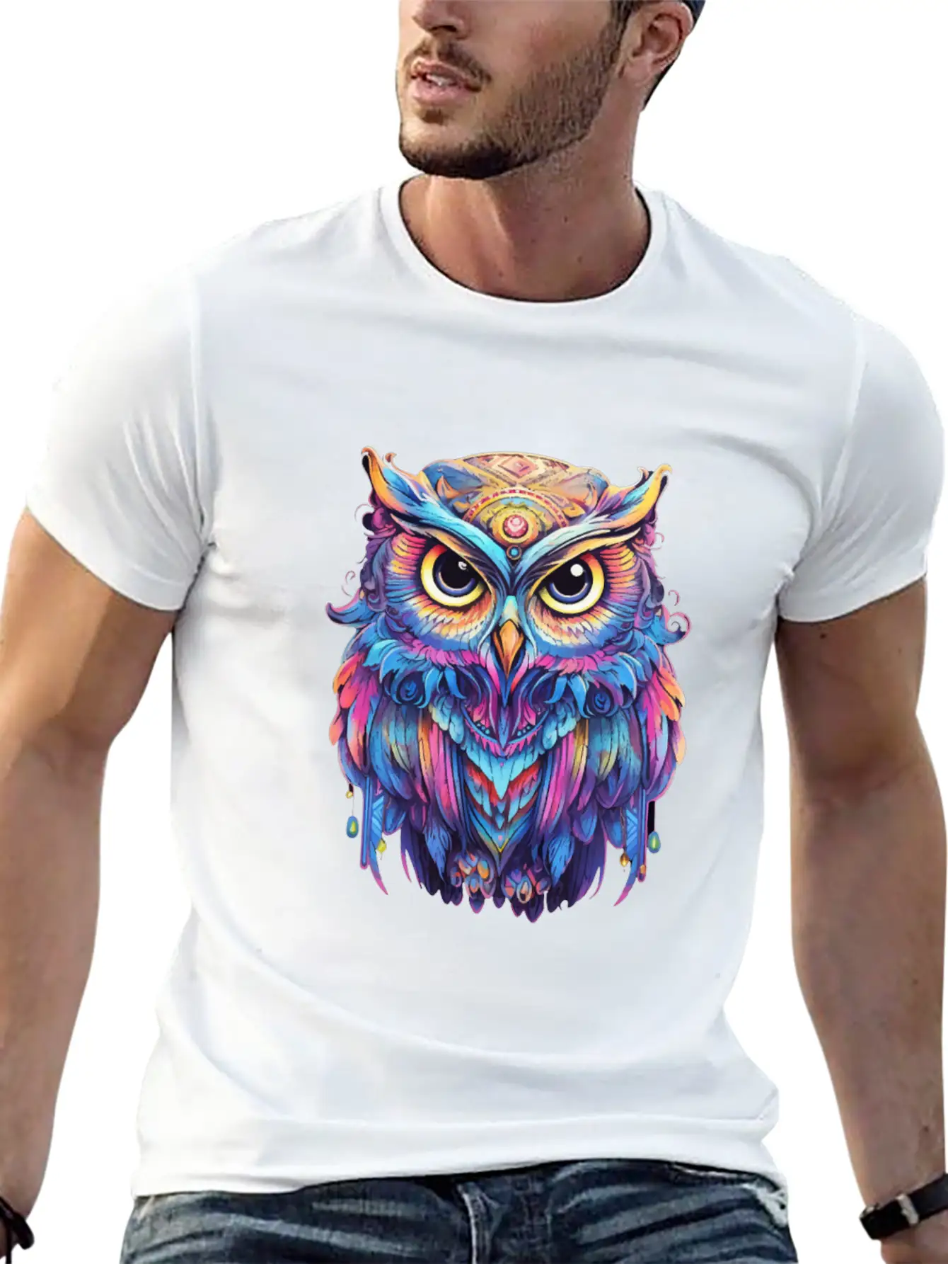 Luminous Nocturne: Holographic Owl Splendor Timeless Short Sleeve Tee – Comfy And Minimalist Design