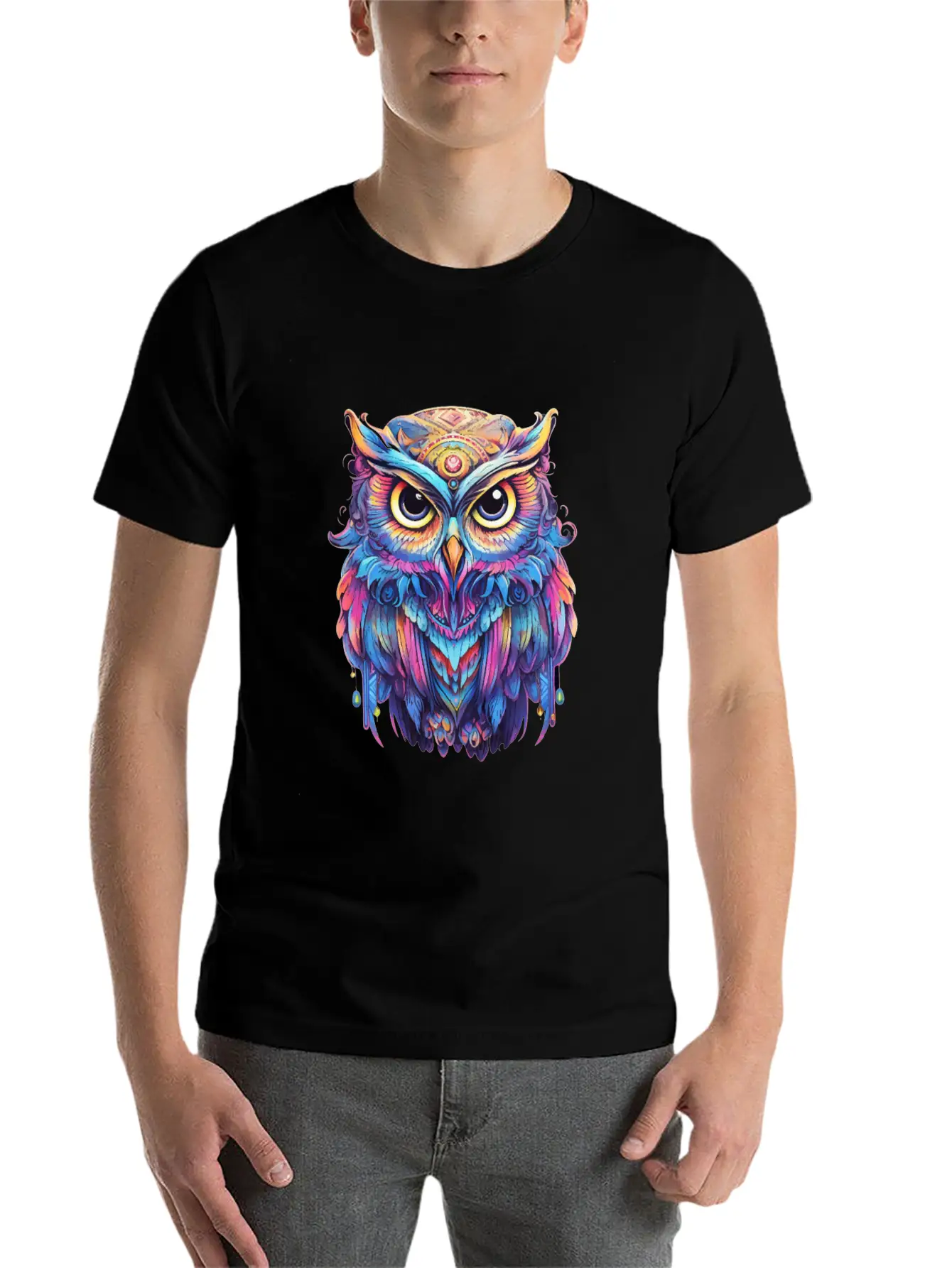 Luminous Nocturne: Holographic Owl Splendor Timeless Short Sleeve Tee – Comfy And Minimalist Design