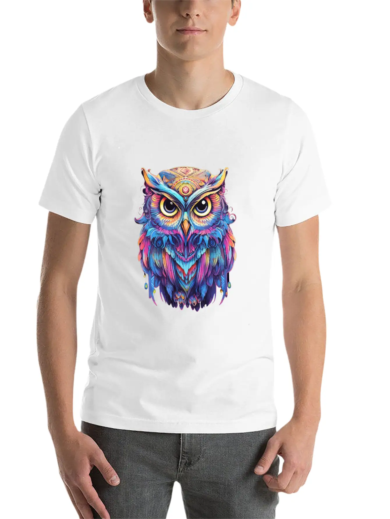 Luminous Nocturne: Holographic Owl Splendor Timeless Short Sleeve Tee – Comfy And Minimalist Design