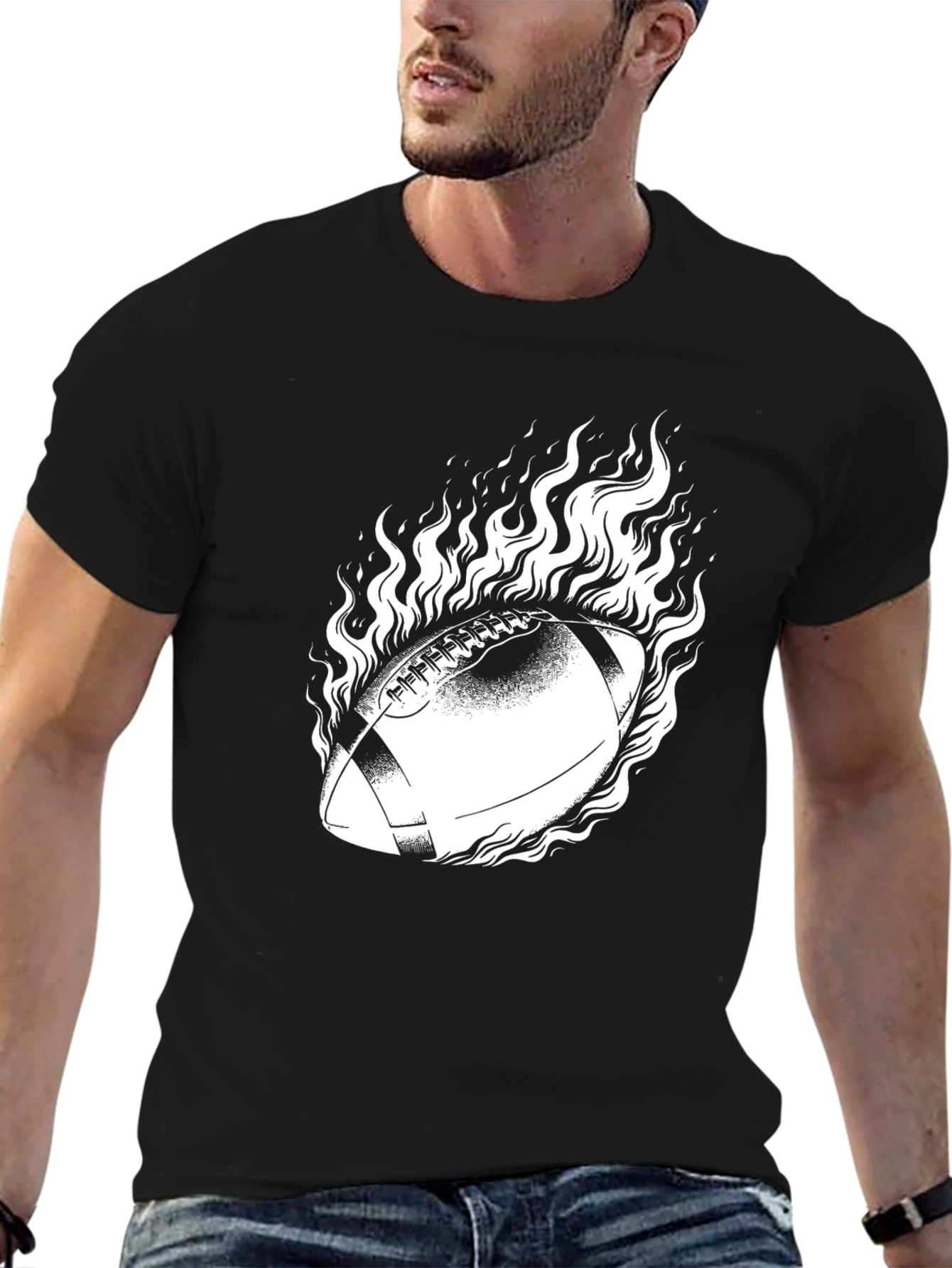 Flaming Football Graphic Tee - Black Cotton