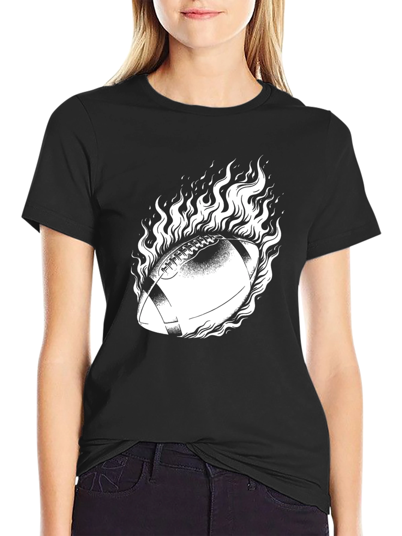 Flaming Football Graphic Tee - Black Cotton